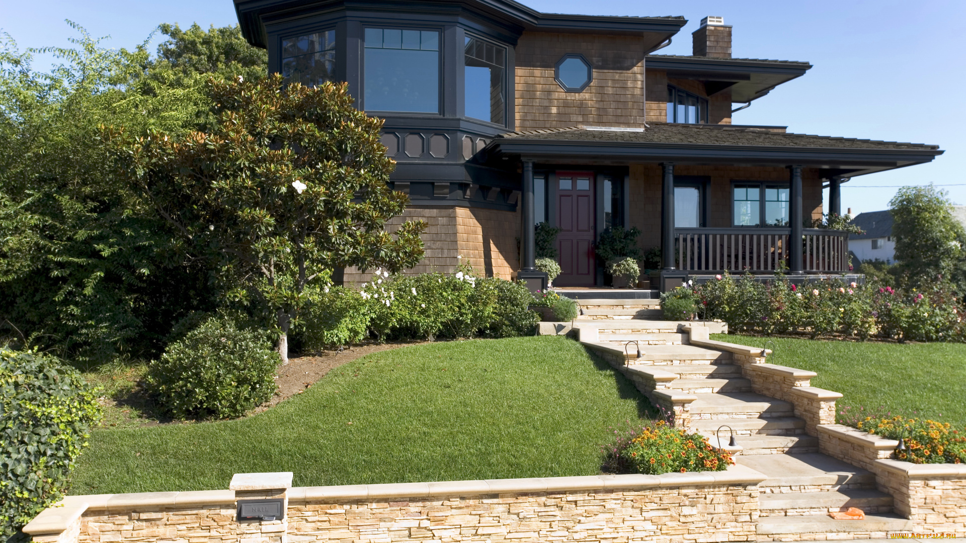 города, -, здания, , дома, кусты, особняк, газон, дом