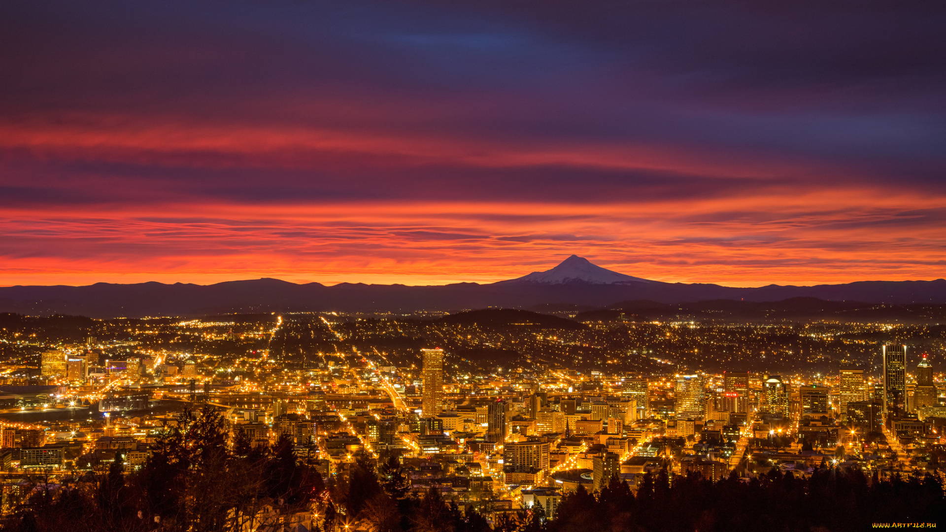 города, портленд, , сша, утро, огни, портленд, орегон, заря, восход