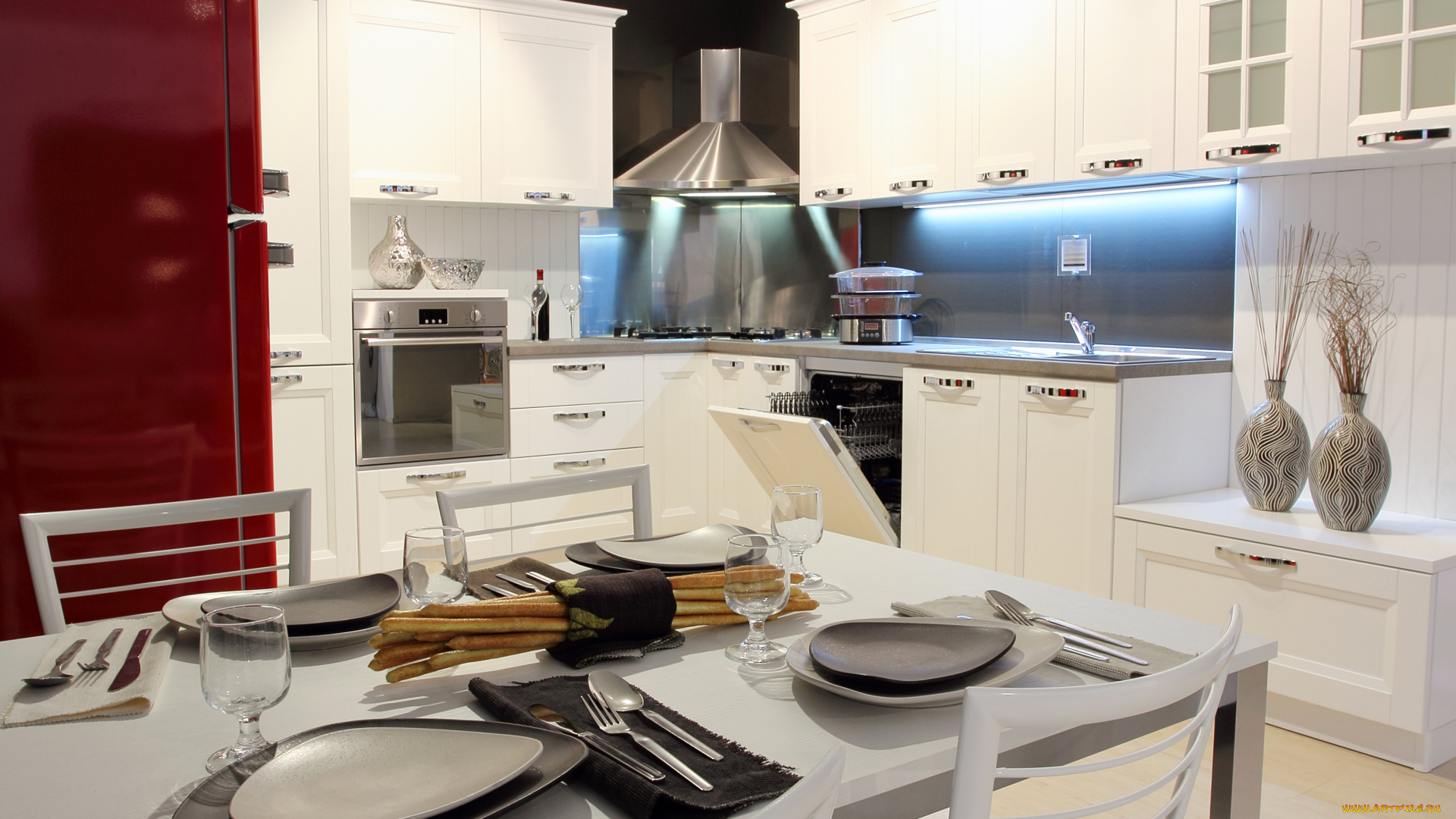 интерьер, кухня, стулья, дизайн, стол, мебель, плита