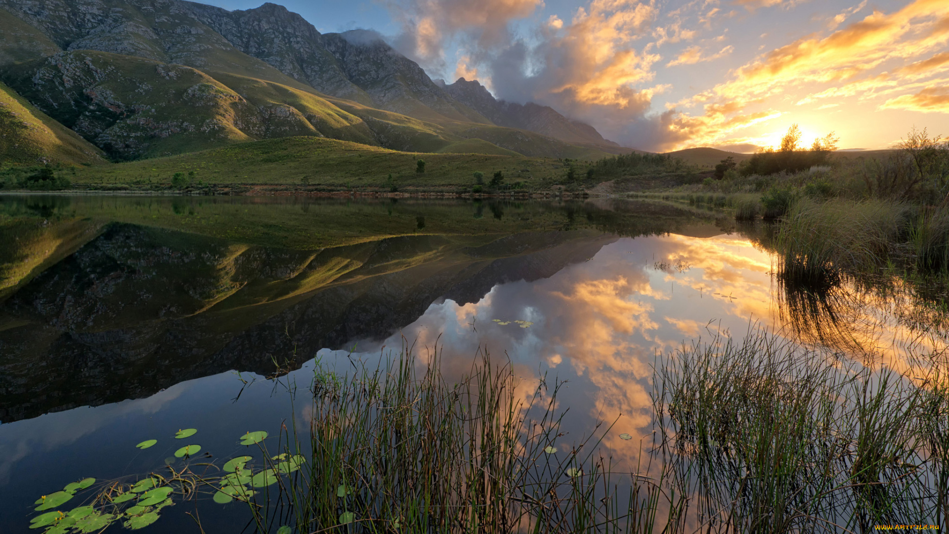 природа, восходы, закаты, восход, отражение, озеро, горы, южная, африка
