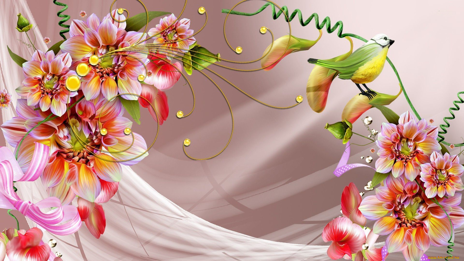 разное, компьютерный, дизайн, птичка, цветы