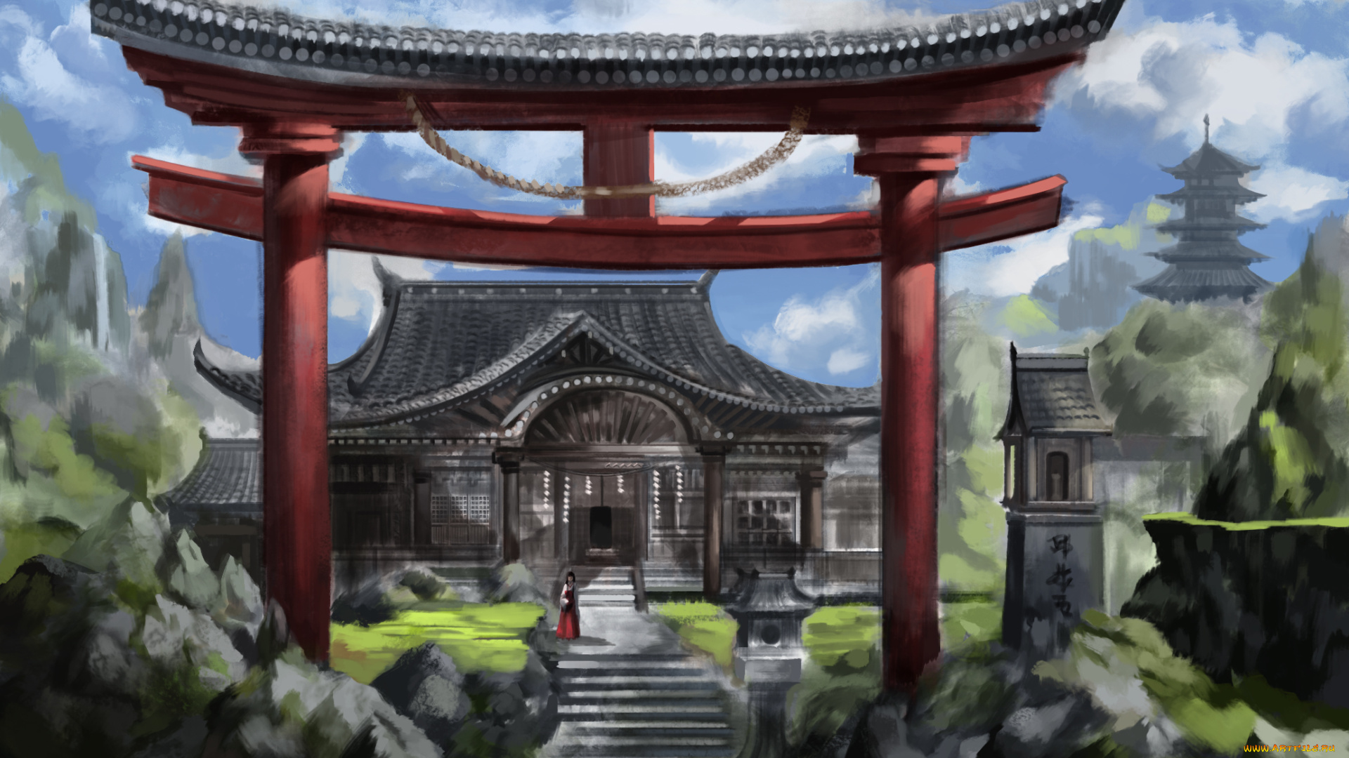 рисованные, города, baka, арт, азия, девушка, храм, врата, пейзаж