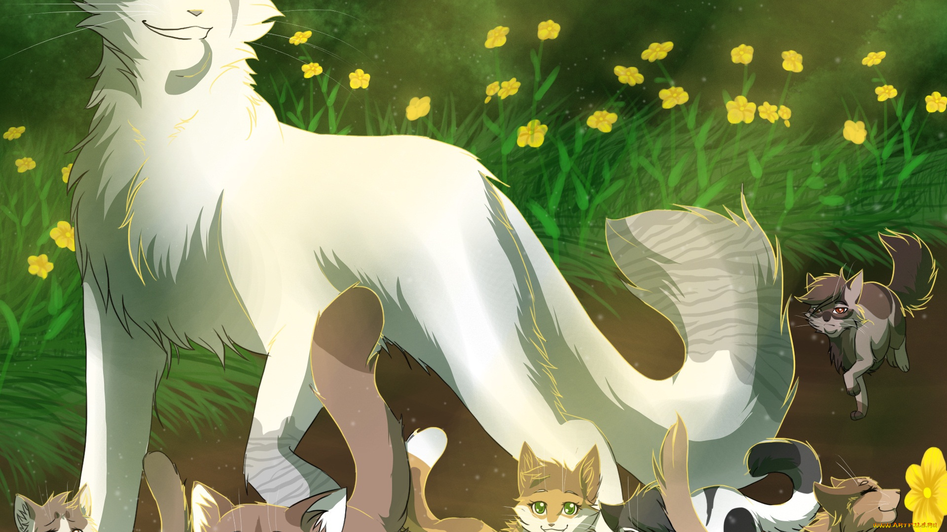рисованные, животные, , коты, малыши, природа, травка