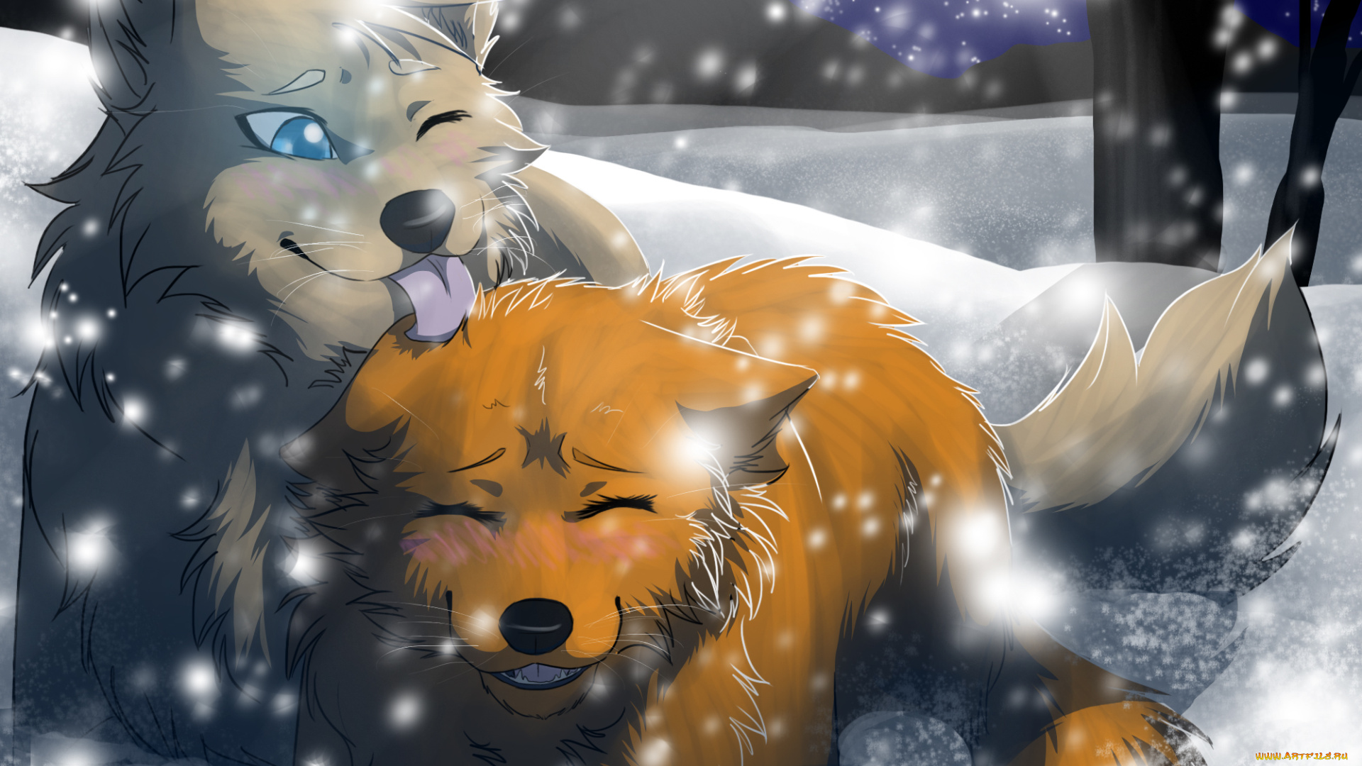 рисованные, животные, , собаки, двое, снег, звери