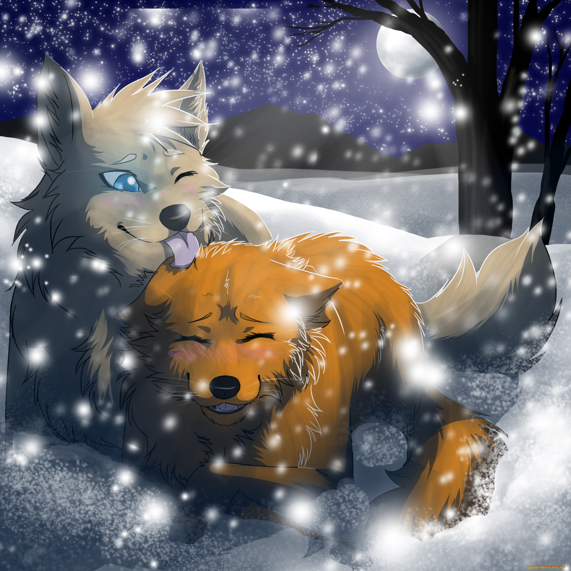 рисованные, животные, , собаки, двое, снег, звери