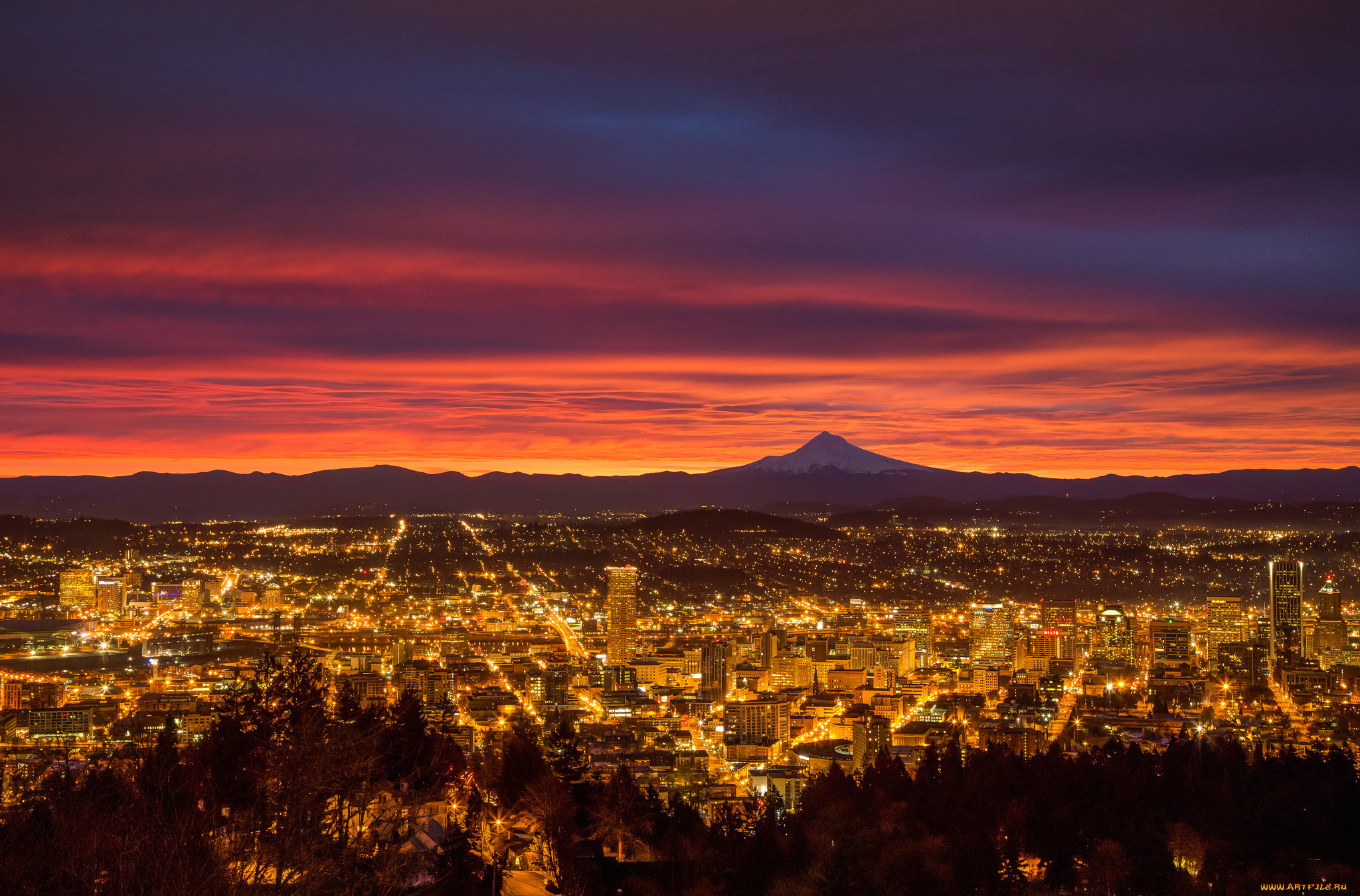 города, портленд, , сша, утро, огни, портленд, орегон, заря, восход