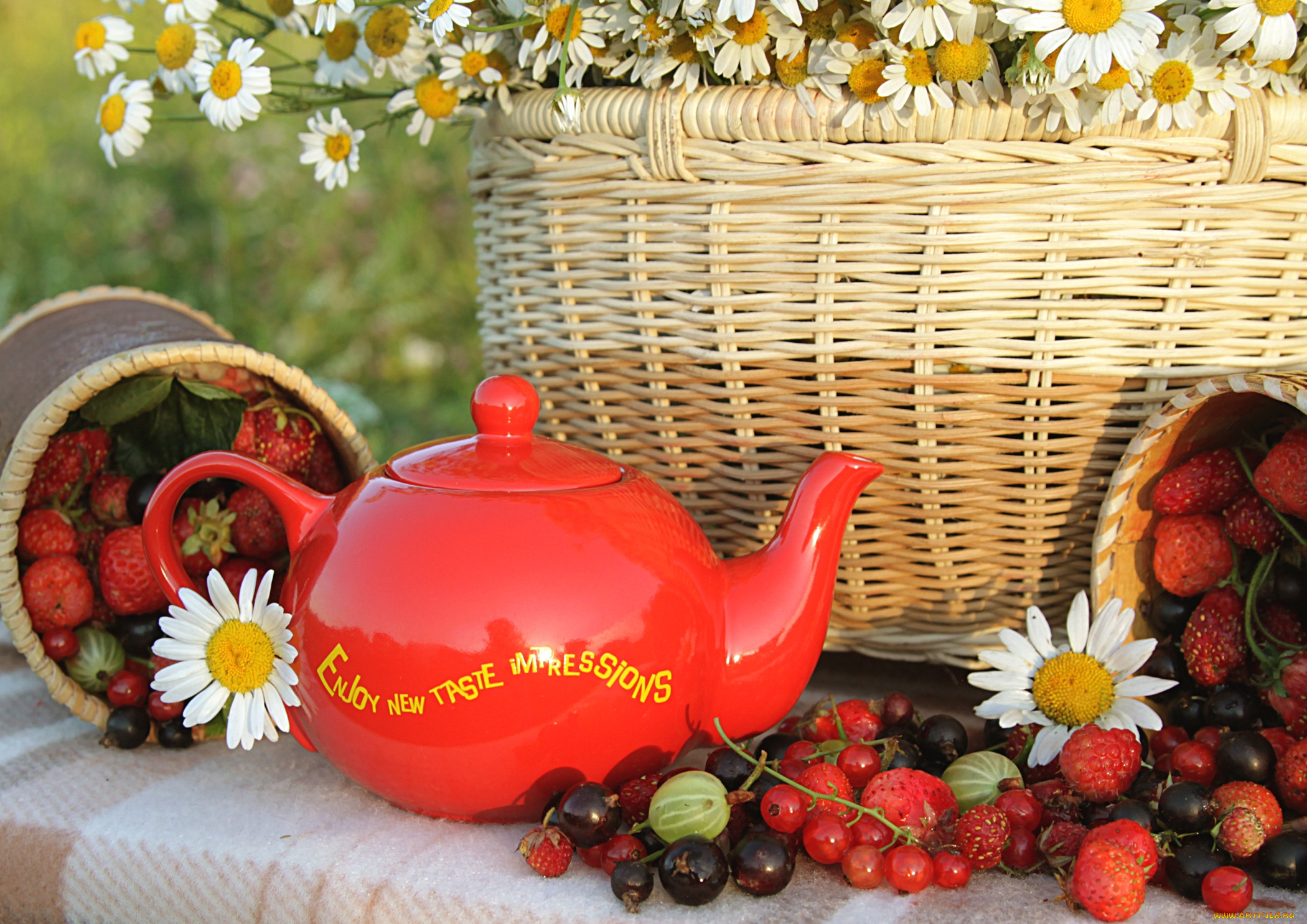 еда, фрукты, , ягоды, ромашки, клубника, смородина, крыжовник, малина