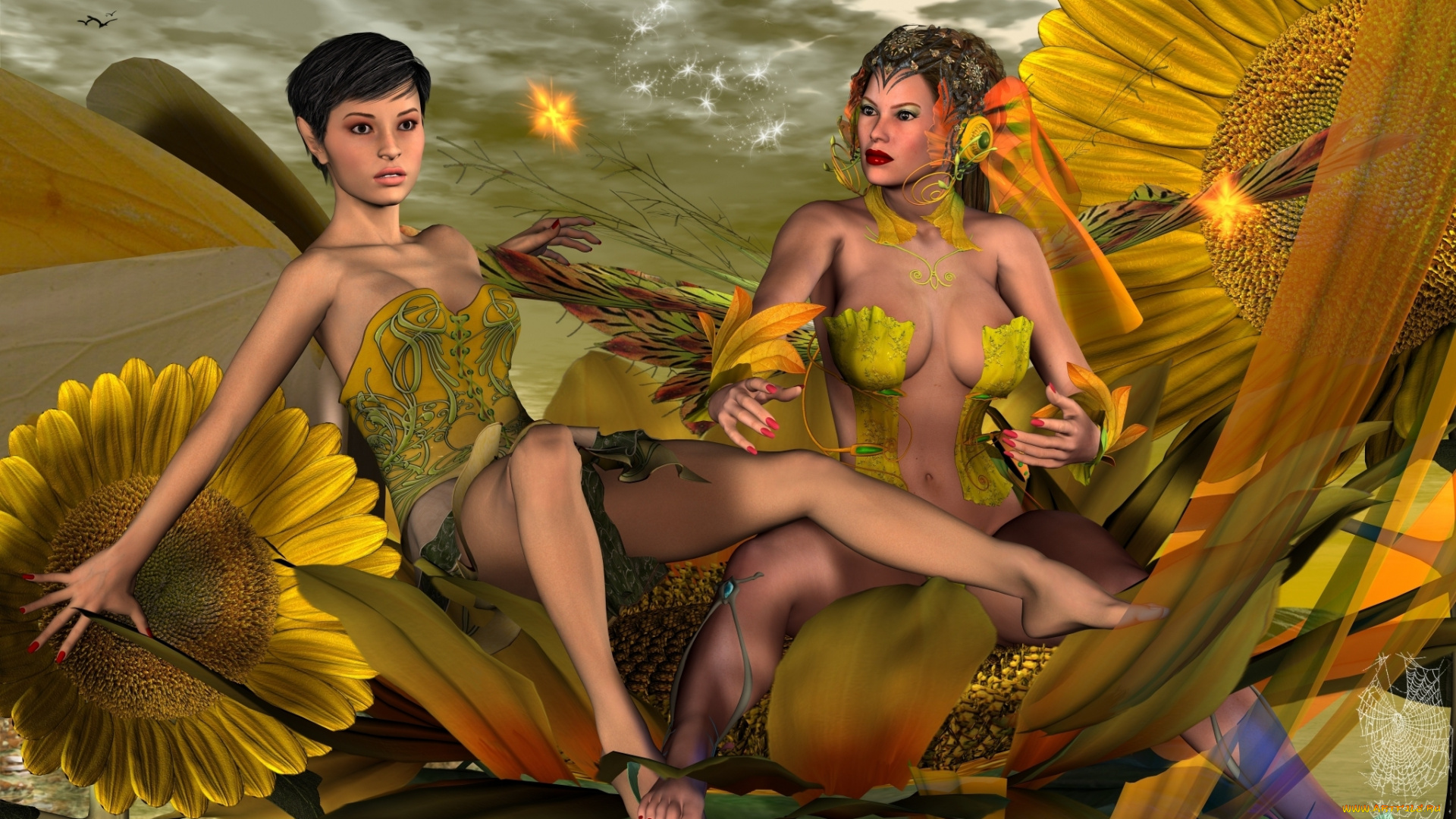 3д, графика, эльфы, , elves, взгляд, эльфийки, фон, цветы