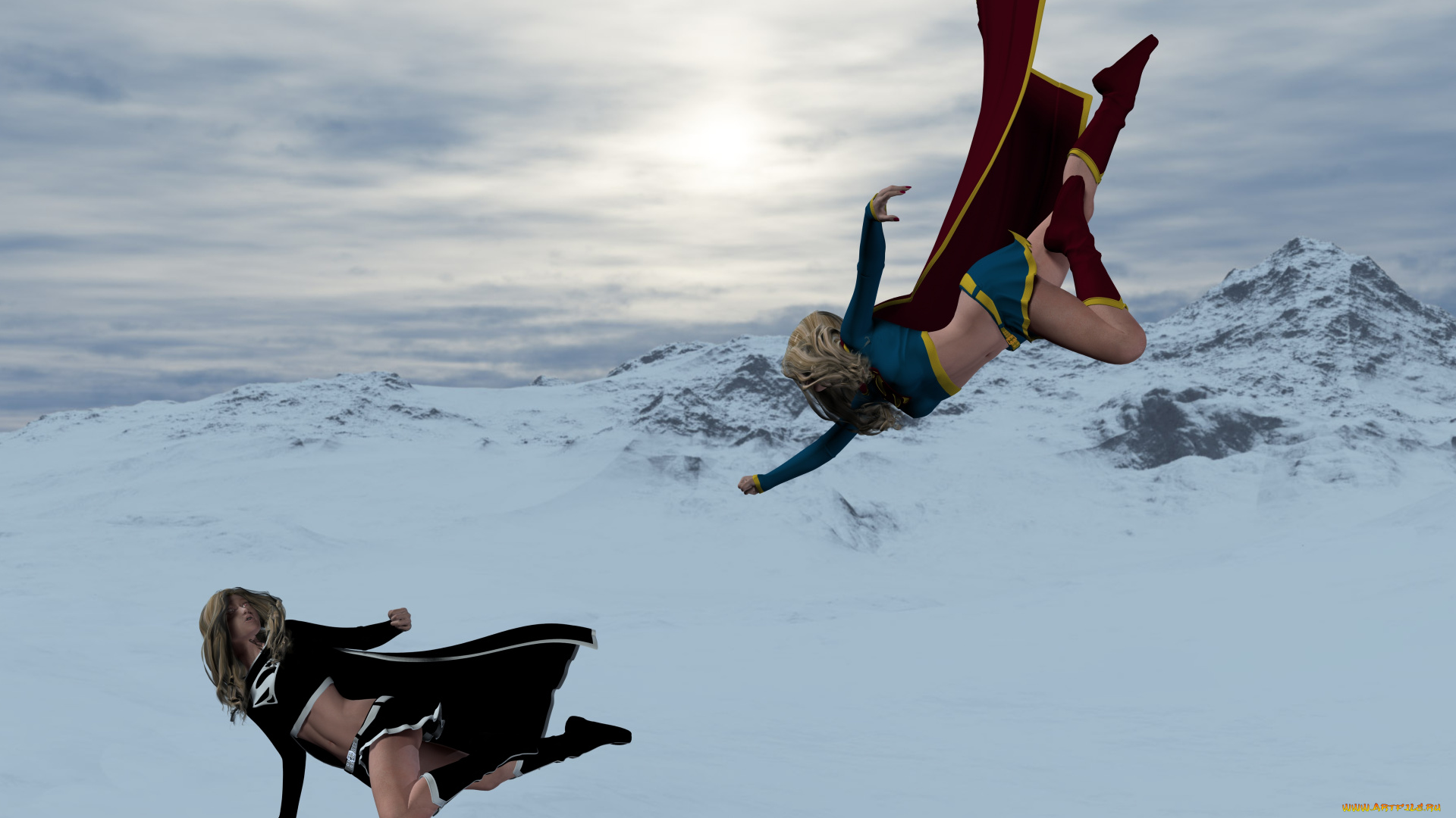 3д, графика, фантазия, , fantasy, снег, полет, супермен, горы, фон, взгляд, девушка