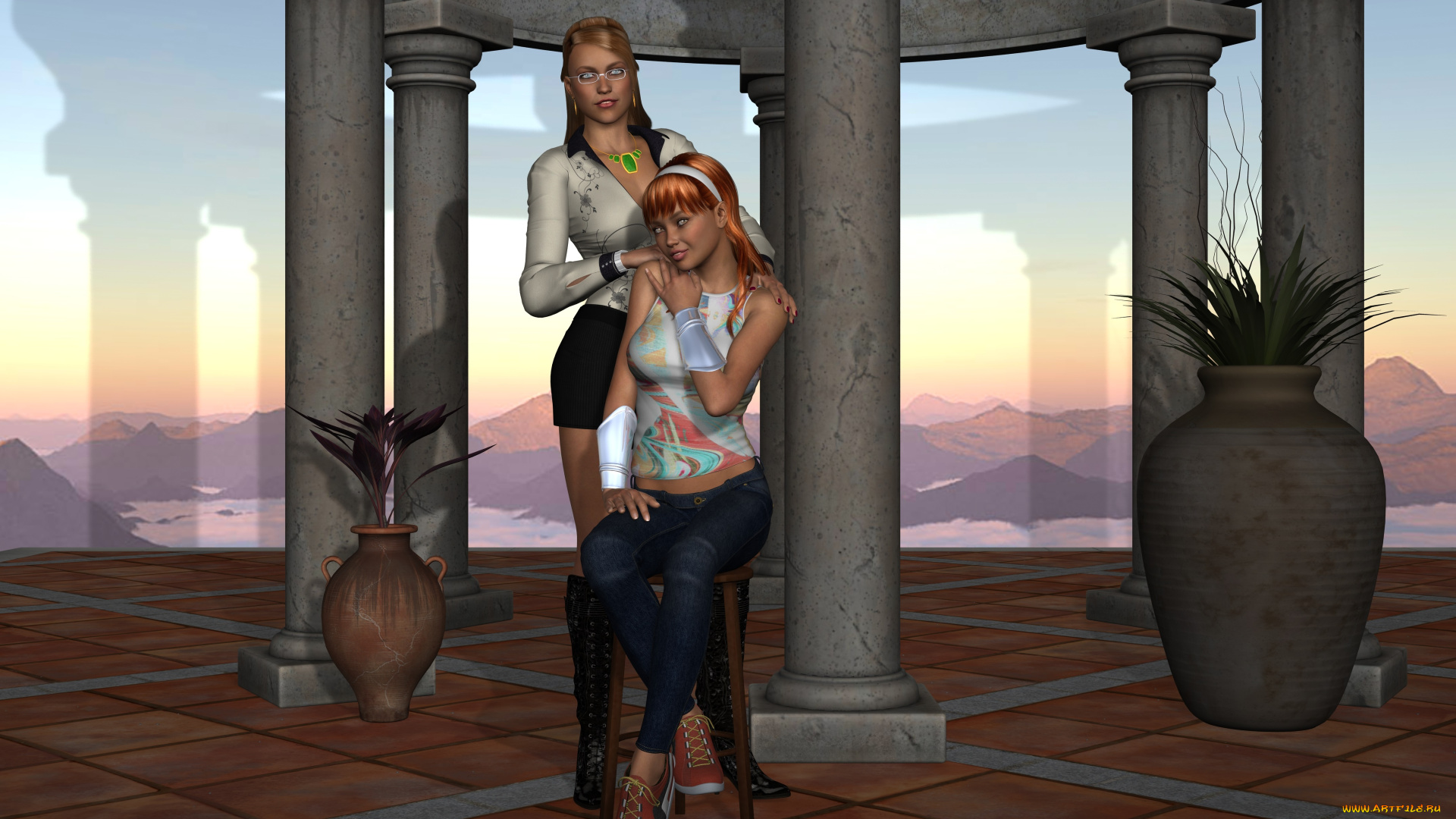 3д, графика, люди, , people, арки, фон, взгляд, девушки