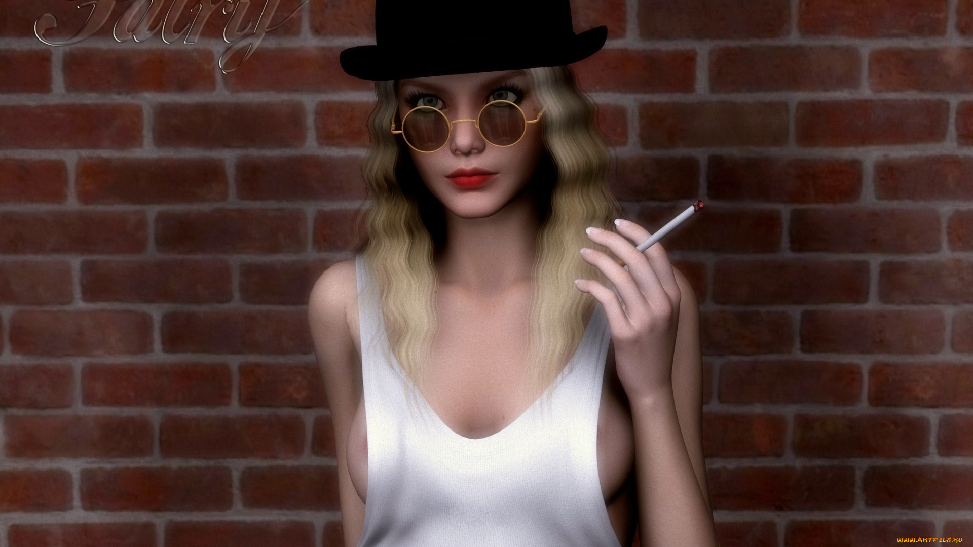 3д, графика, люди, , people, сигарета, шляпа, девушка, фон, взгляд