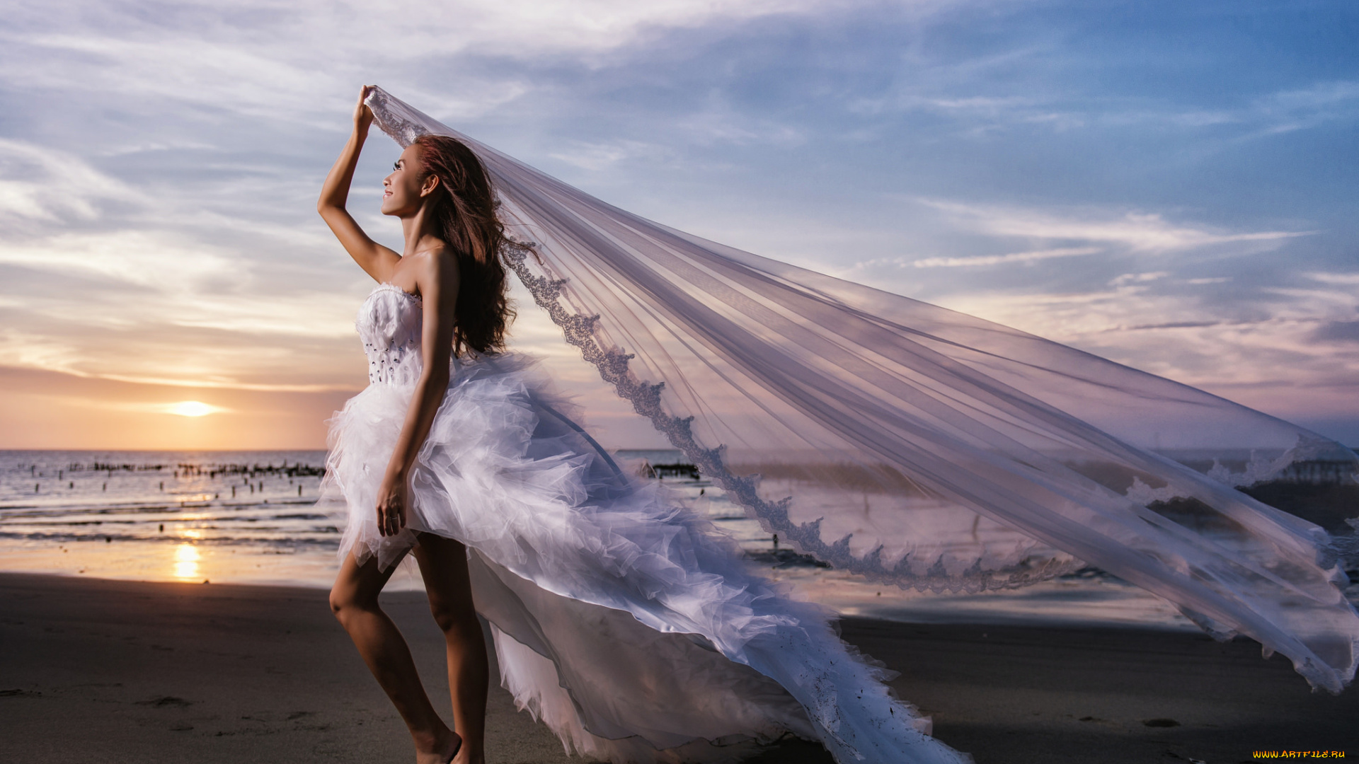 девушки, -unsort, , брюнетки, , шатенки, свадьба, свадебное, платье, невеста, закат, море, настроение, фата