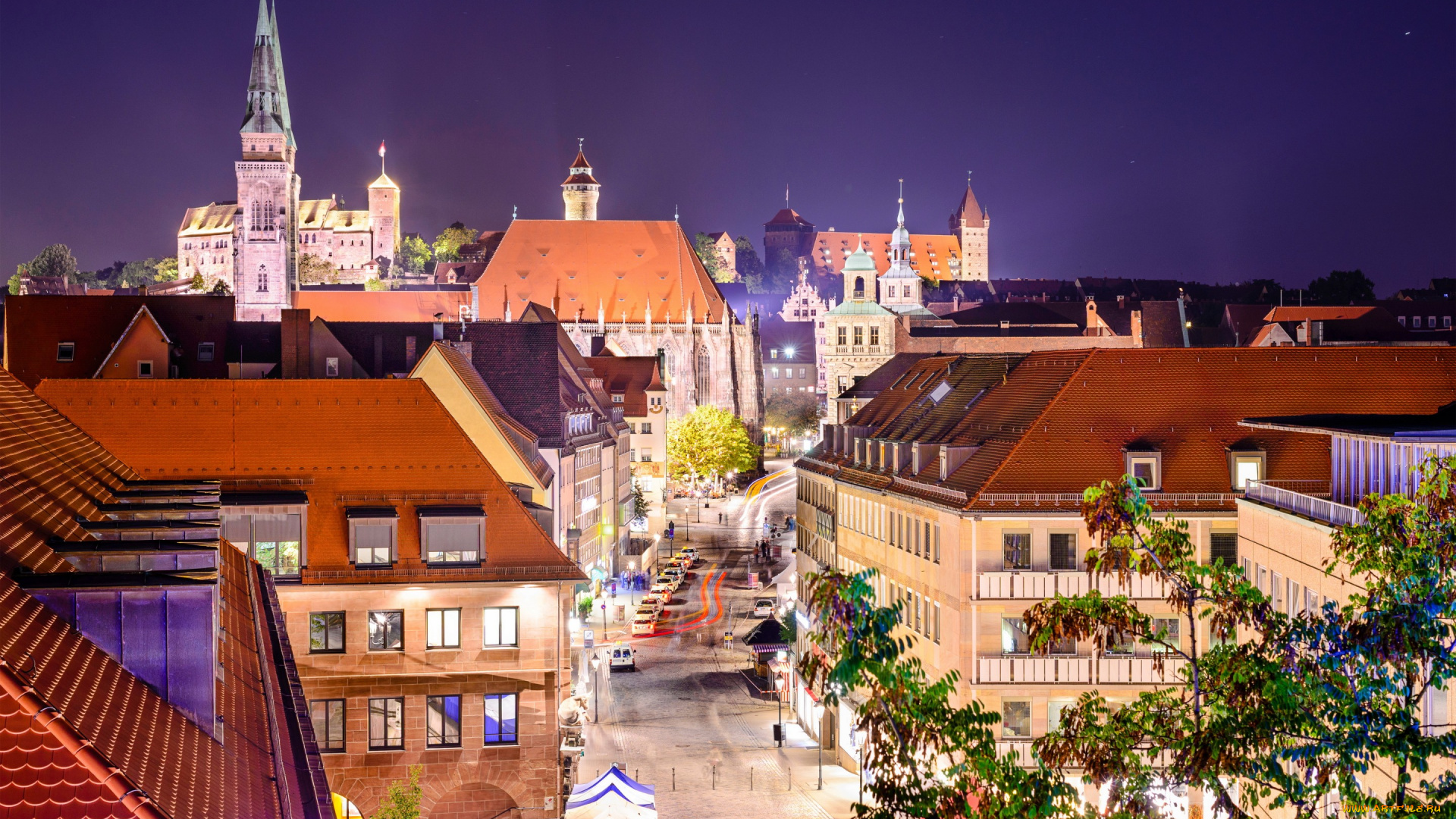 города, -, огни, ночного, города, германия, nuremberg, дома, улицы, ночь, огни, фонари, ветки