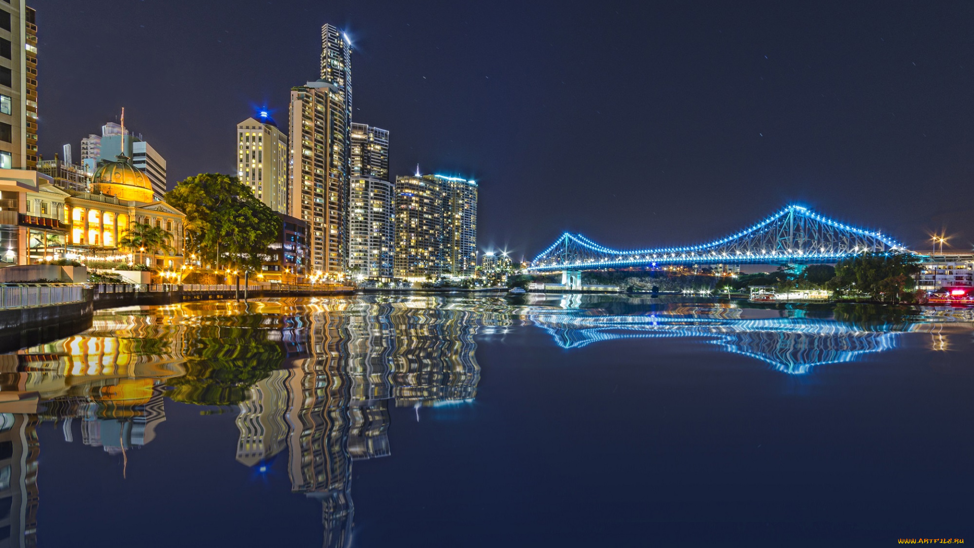 города, -, огни, ночного, города, ночь, огни, иллюминация, узор, цвет, подсветка, отражение, город, мост, вода