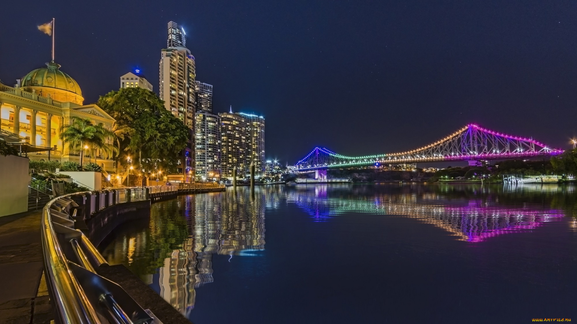 города, -, огни, ночного, города, ночь, огни, иллюминация, узор, цвет, подсветка, отражение, город, мост, вода