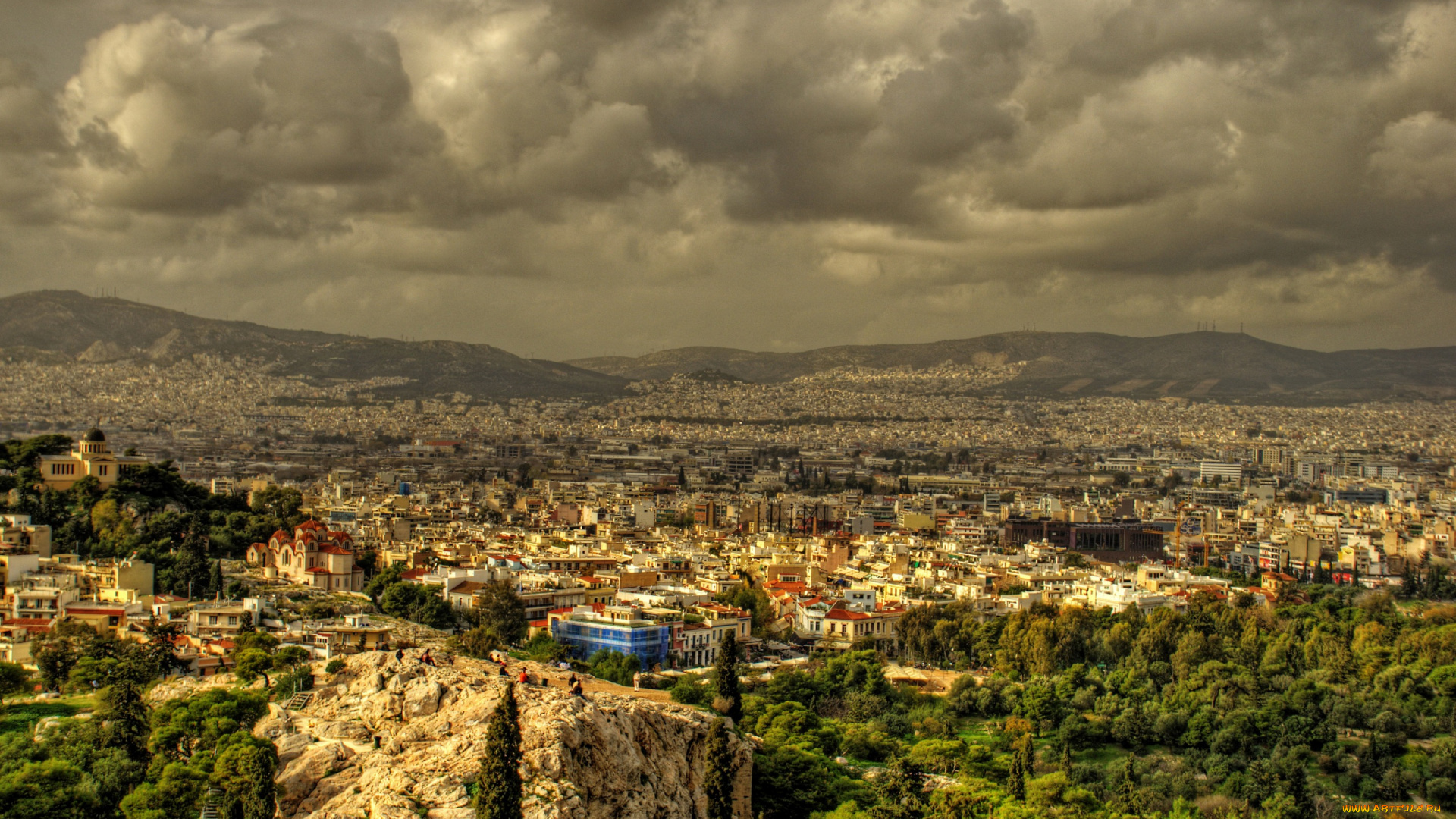 города, -, панорамы, греция, acropolis, athens, дома, деревья, горы, тучи, пейзаж, панорама