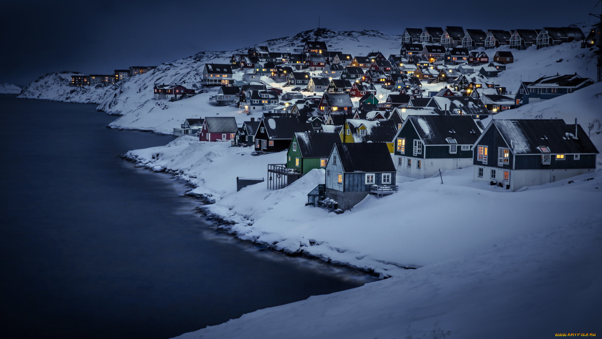 города, -, пейзажи, дома, greenland, myggedalen, nuuk, ночь, зима