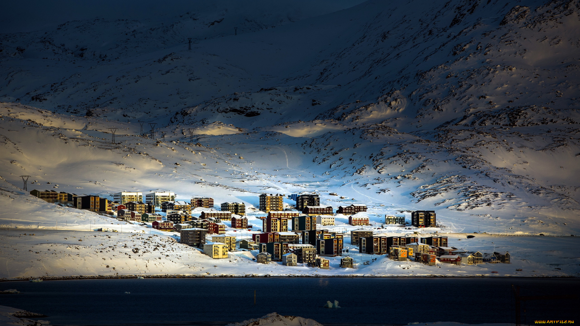 города, -, пейзажи, ночь, зима, winter, urban, qinngorput, town, city, greenland, nuuk, arctic, домики