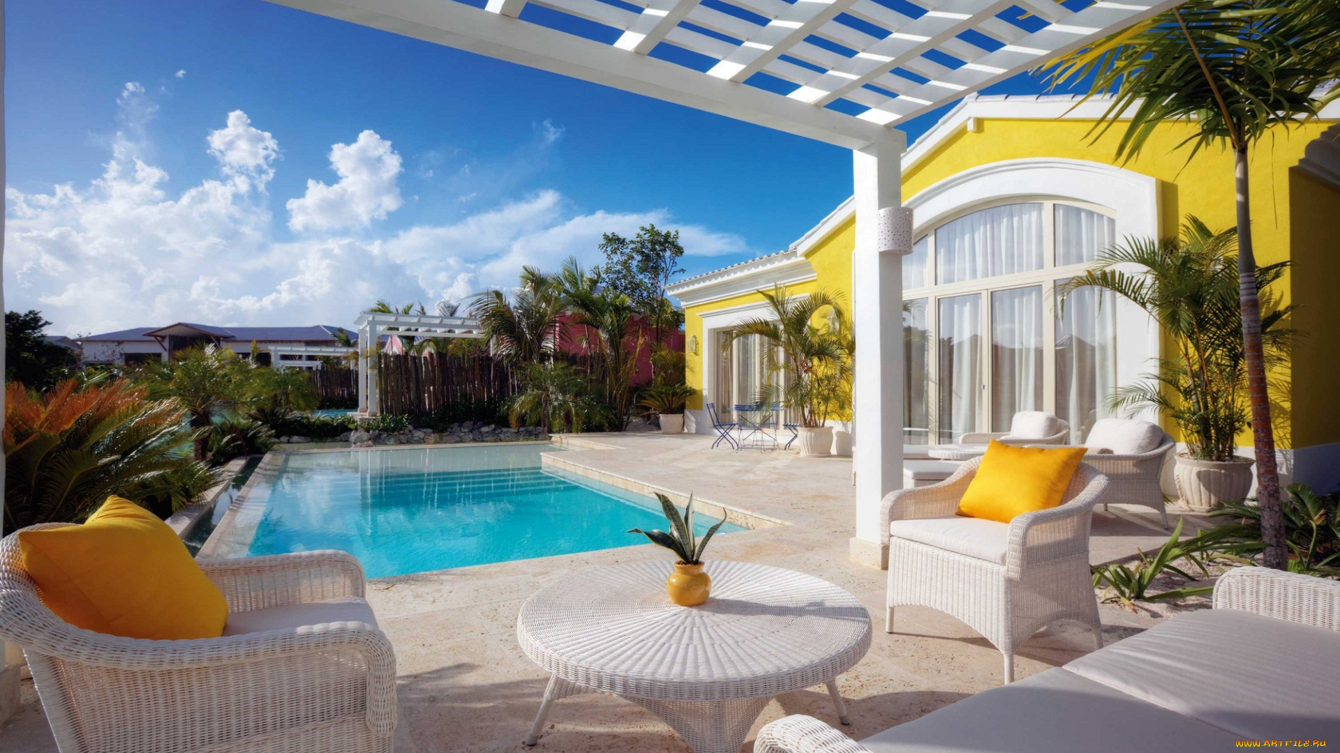 интерьер, бассейны, , открытые, площадки, вилла, бассейн, кресла, стол, растения, небо, облака