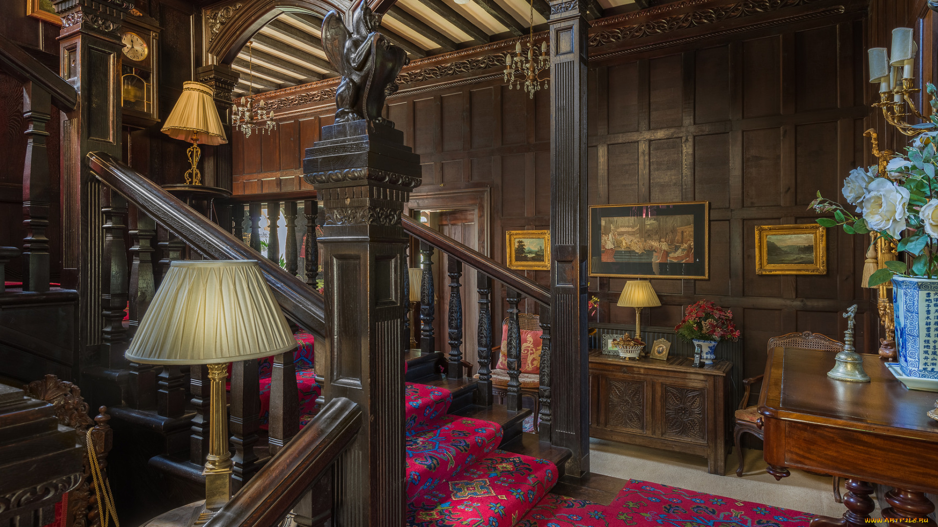 интерьер, холлы, , лестницы, , корридоры, мебель, цветы, дизайн, ковер, дерево, картины, лампы, классика, холл, лестница
