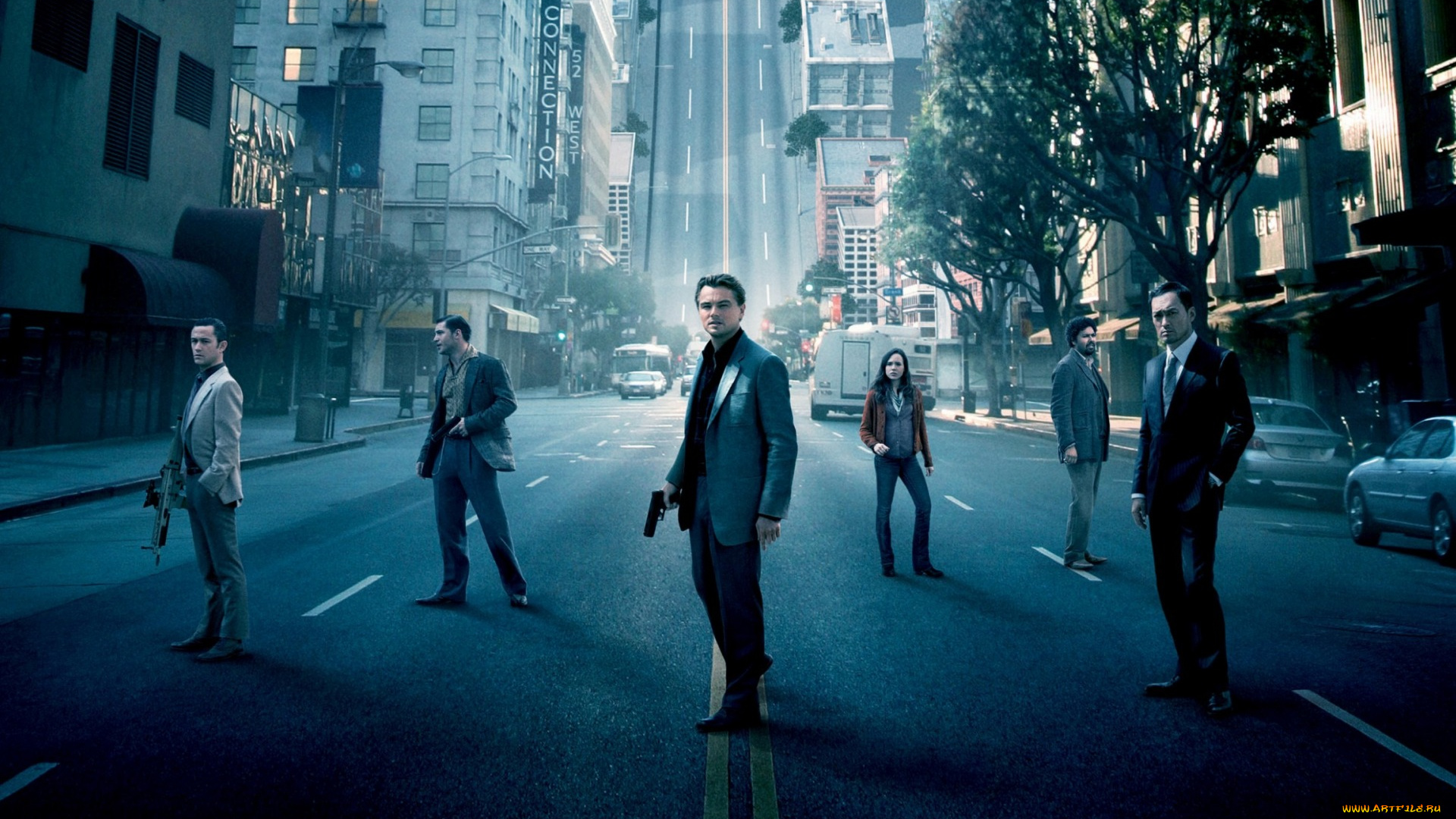 кино, фильмы, inception, машины, улица, здания, актеры, стоят, город, начало, сон, деревья
