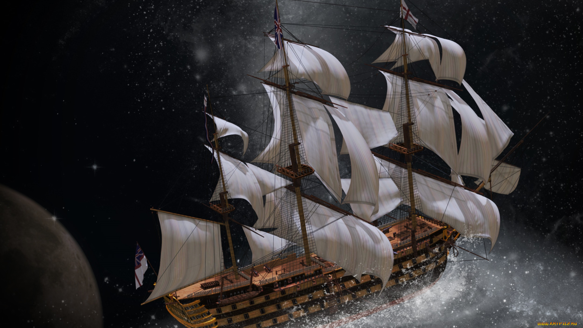 корабли, 3d, парусник, брызги, волны