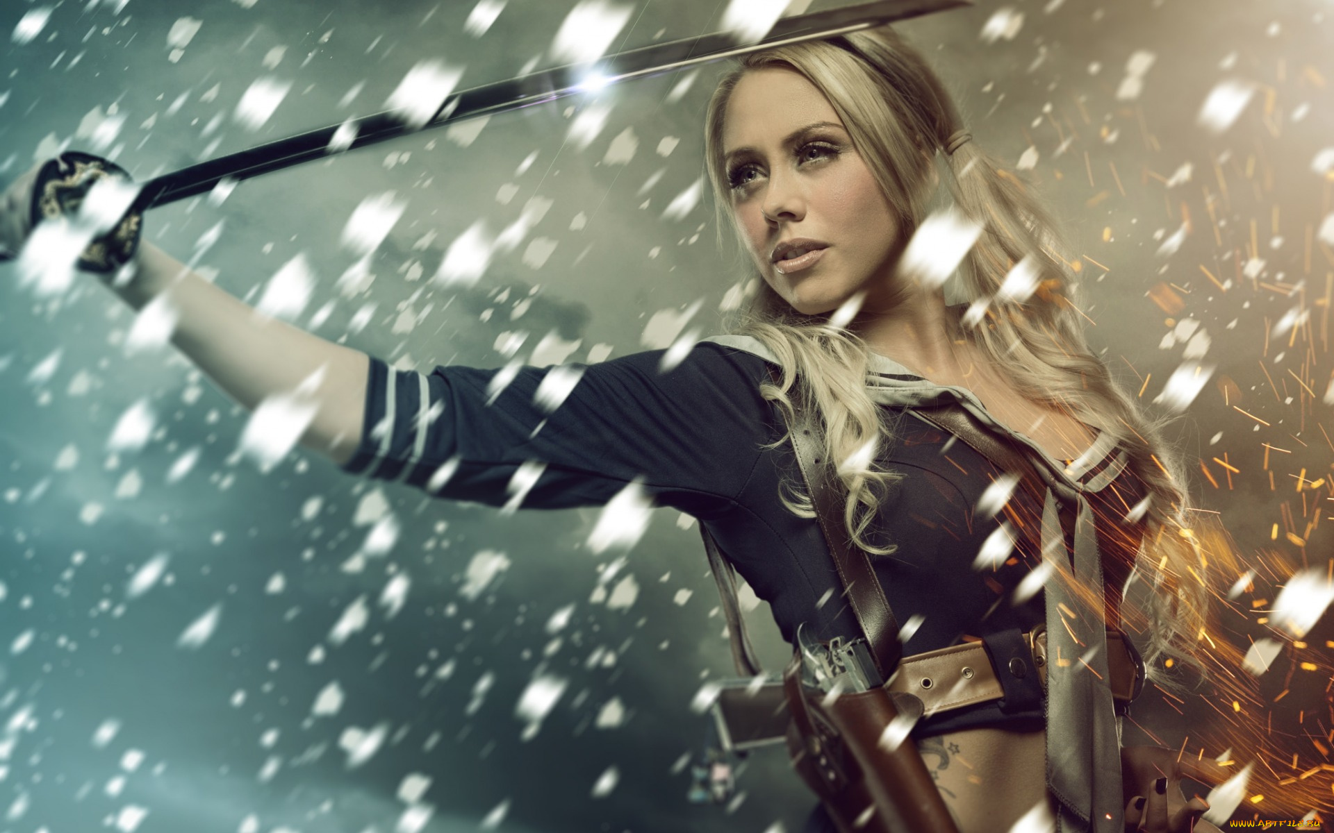 девушки, -unsort, , креатив, куколка, девушка, запрещённый, приём, катана, кобура, пистолет, блондинка, sucker, punch, photoshop, косплей, cosplay