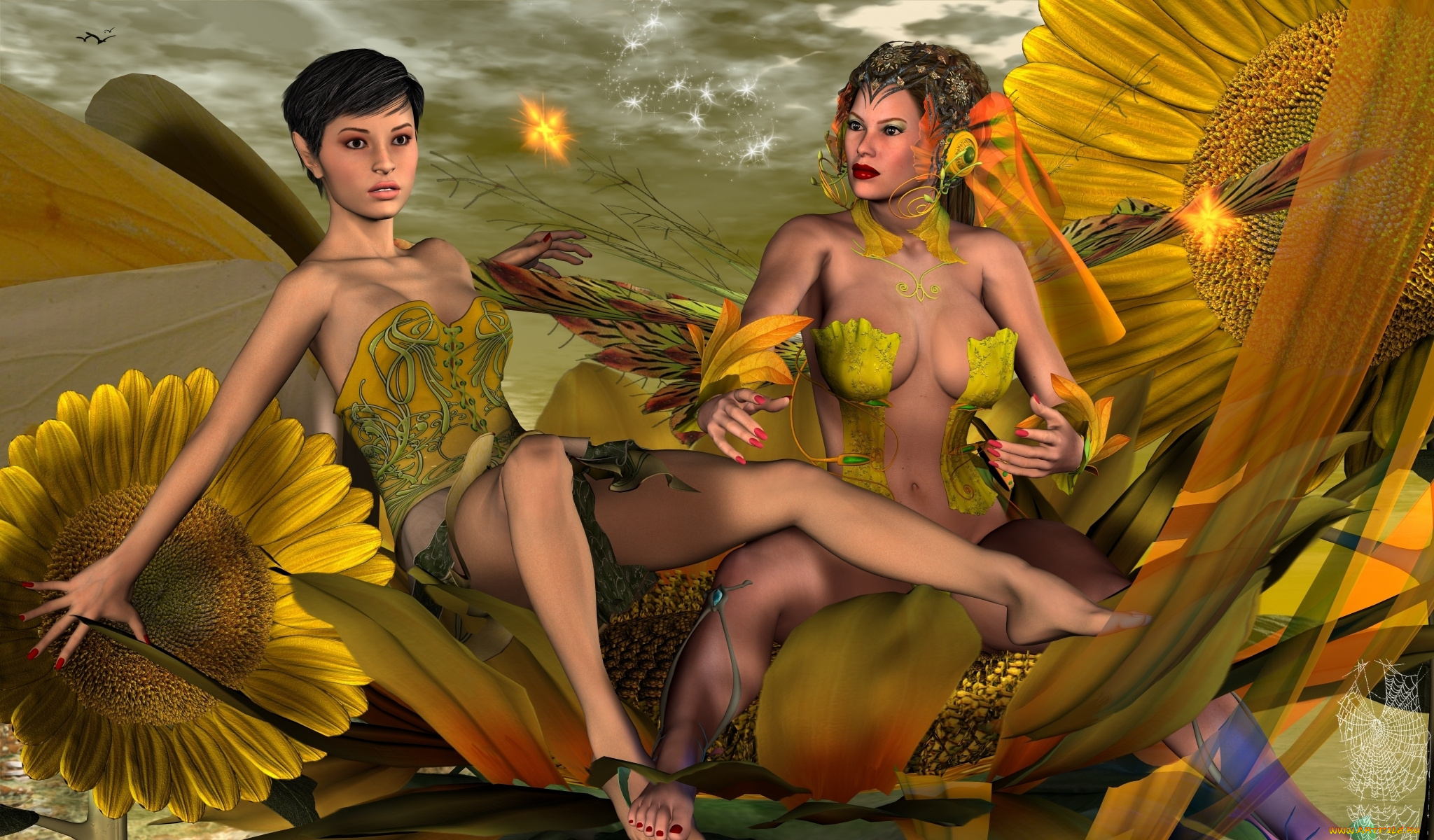 3д, графика, эльфы, , elves, взгляд, эльфийки, фон, цветы