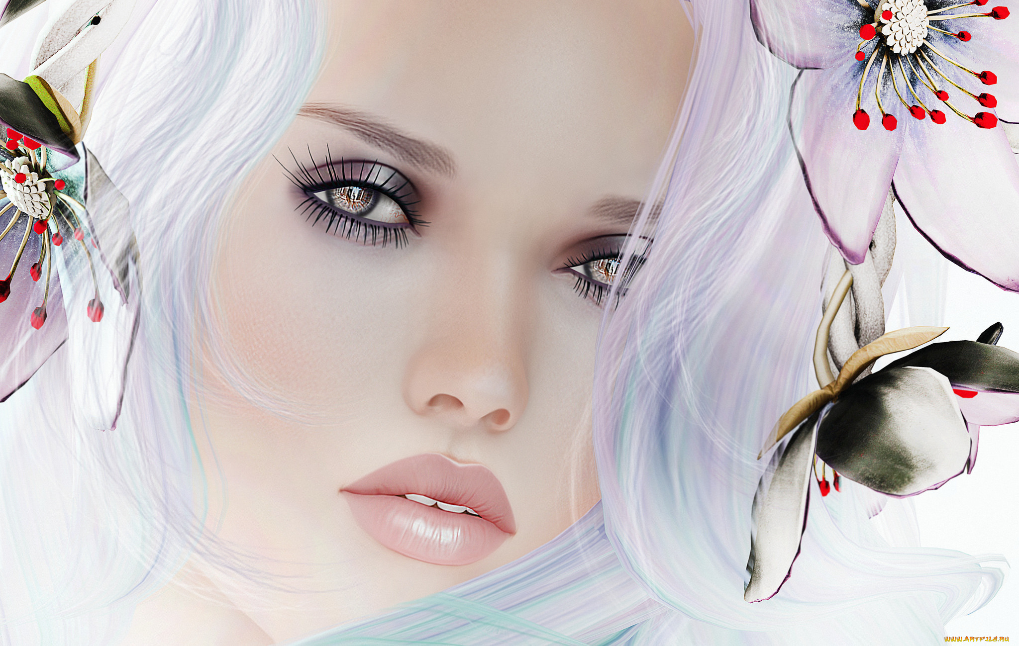 3д, графика, портрет, , portraits, цветы, портрет, лицо, девушка, взгляд