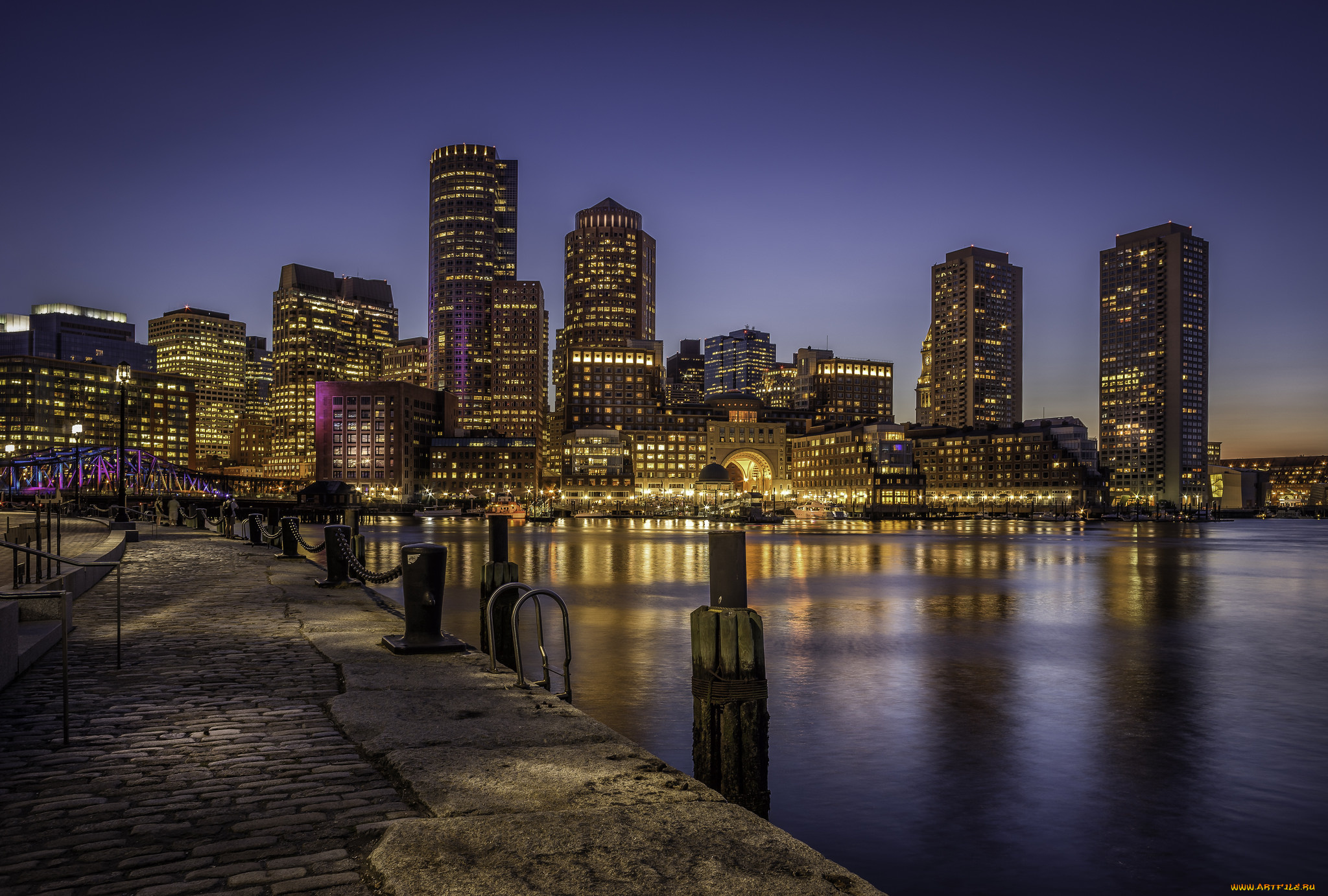 boston, skyline, города, бостон, , сша, набережная, ночь, огни, небоскребы