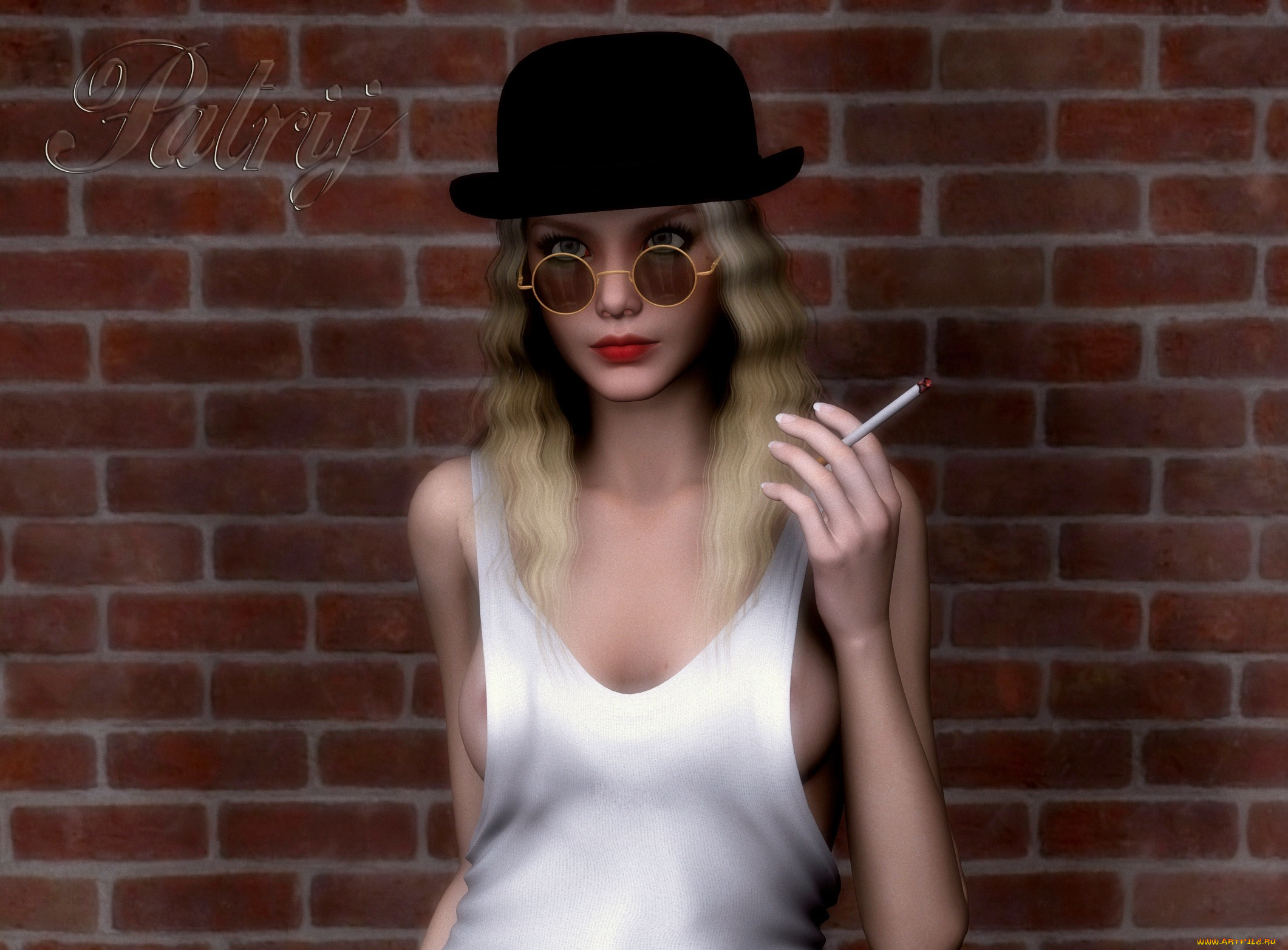 3д, графика, люди, , people, сигарета, шляпа, девушка, фон, взгляд