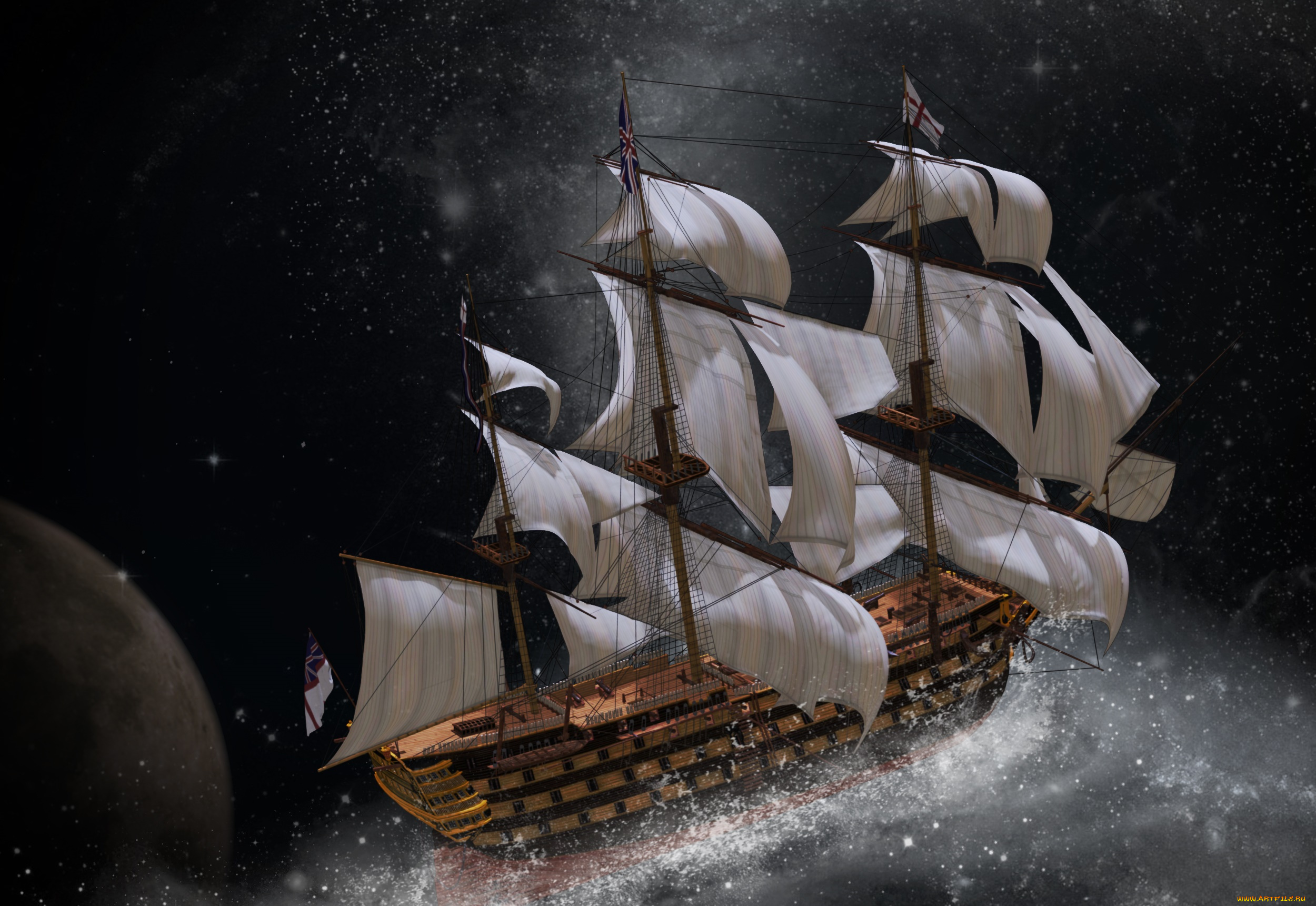 корабли, 3d, парусник, брызги, волны