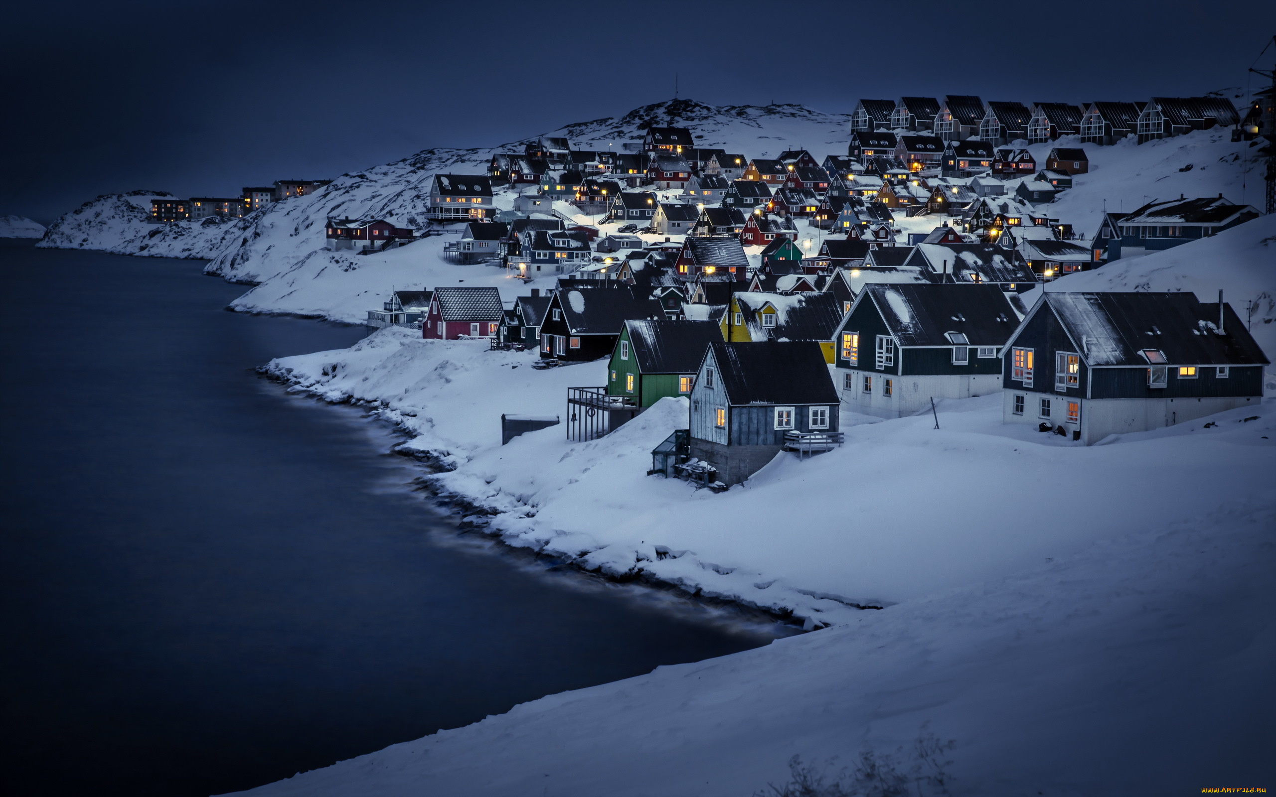 города, -, пейзажи, дома, greenland, myggedalen, nuuk, ночь, зима
