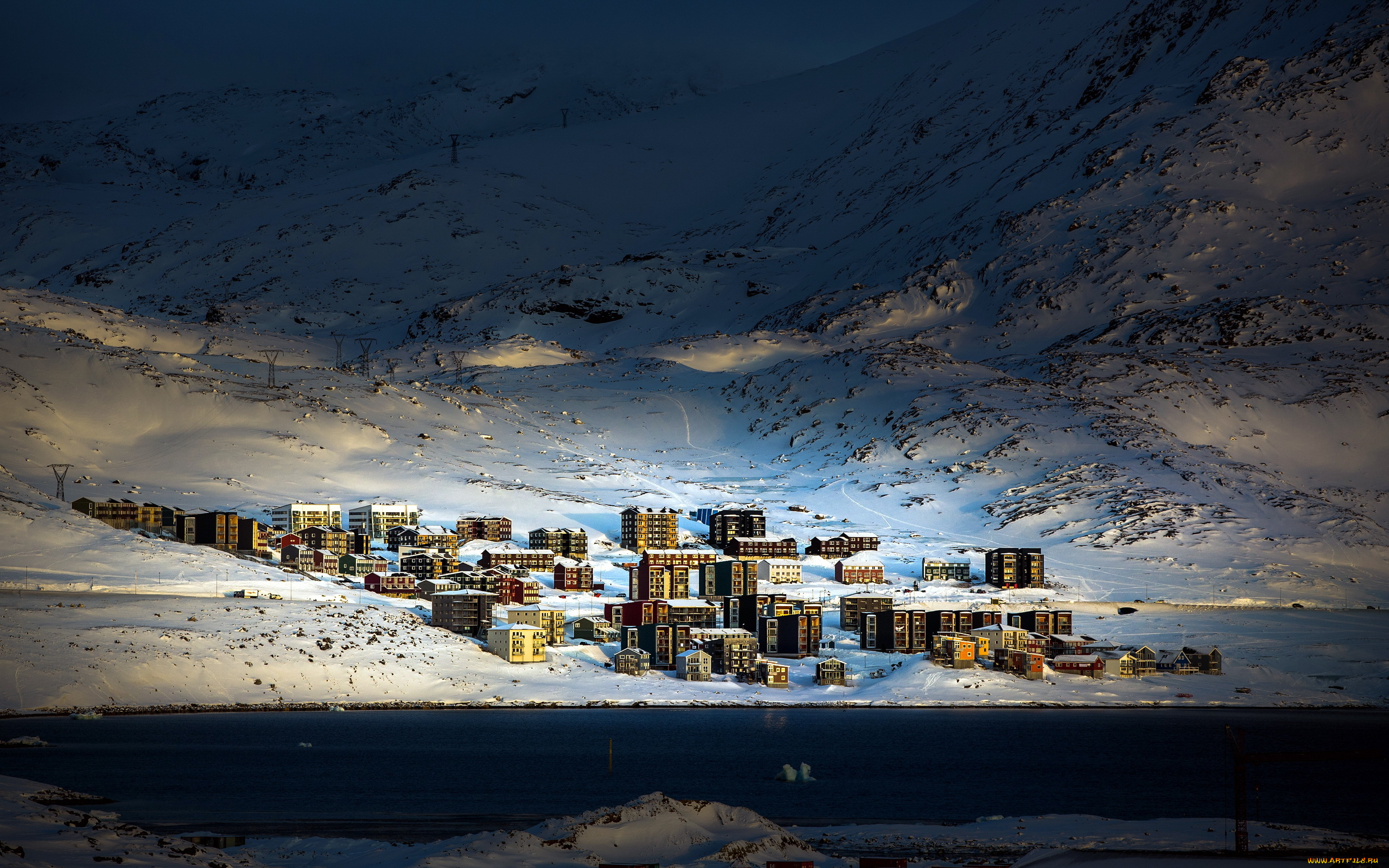 города, -, пейзажи, ночь, зима, winter, urban, qinngorput, town, city, greenland, nuuk, arctic, домики