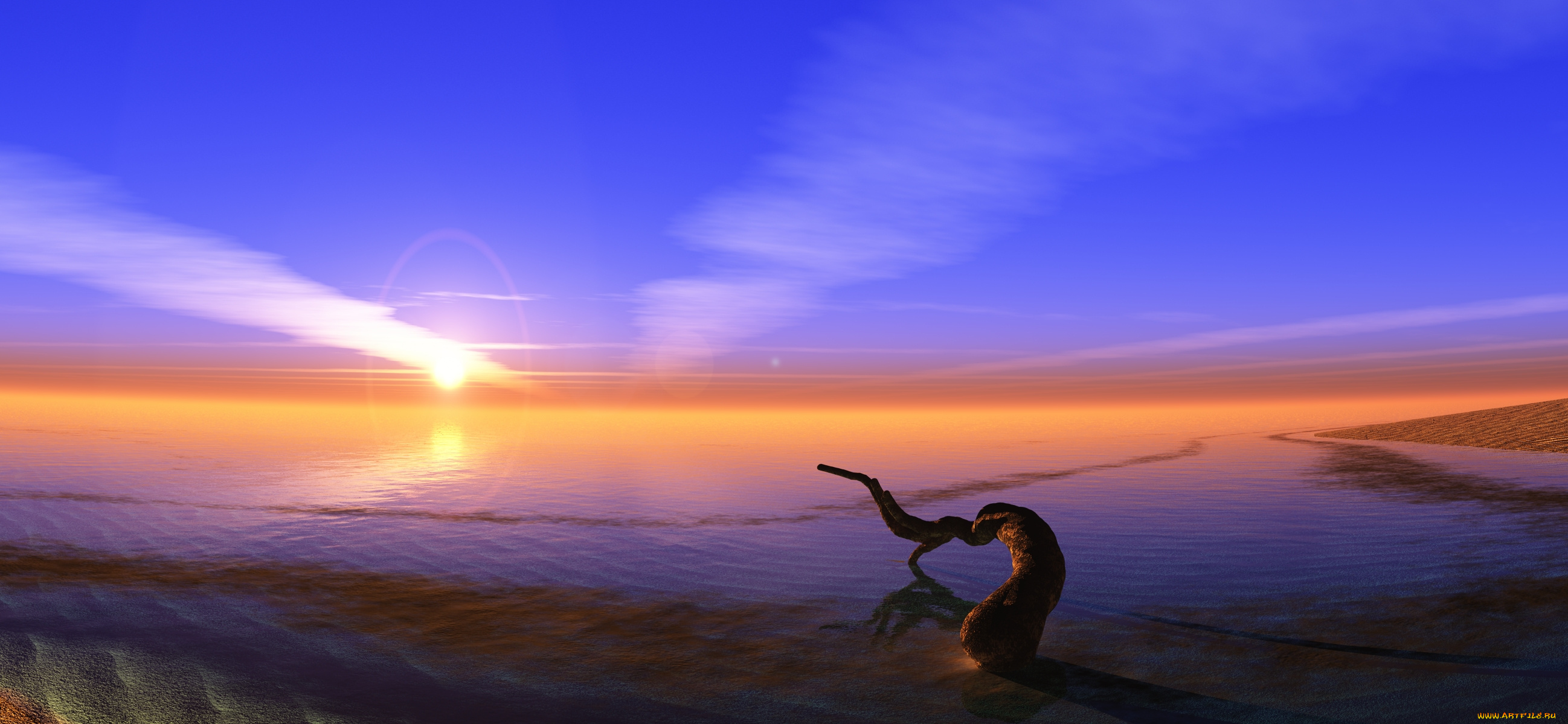 3д, графика, природа, , nature, песок, коряга, закат, море