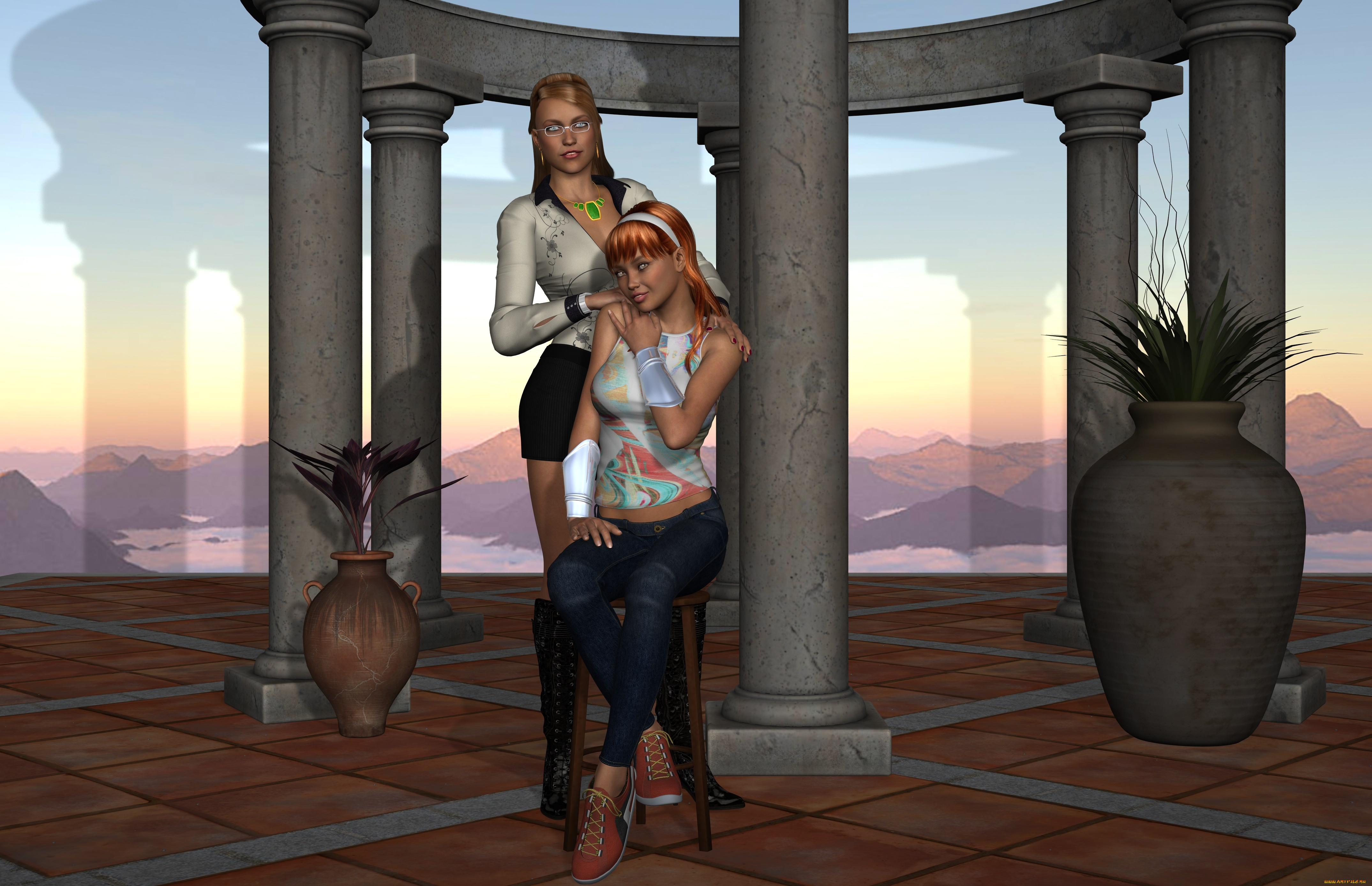 3д, графика, люди, , people, арки, фон, взгляд, девушки