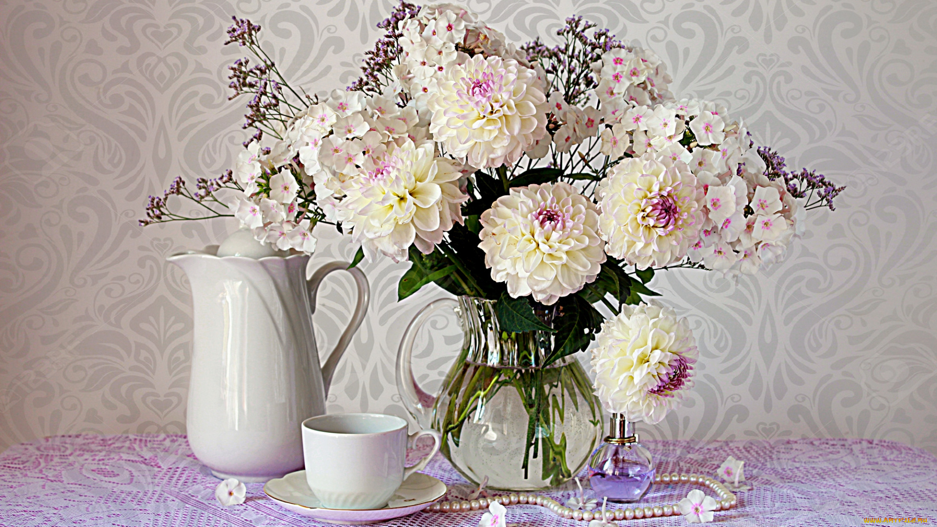 цветы, георгины, чашка, флора, флоксы, лето, духи, кувшин