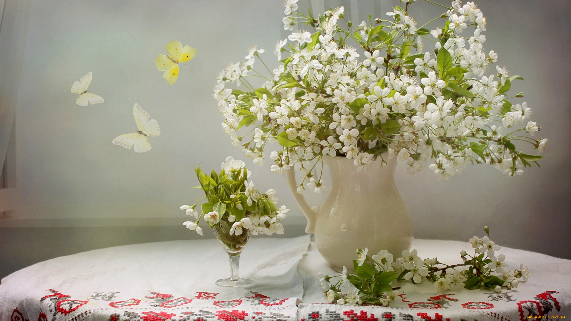 цветы, сакура, , вишня, вышивка, вишня, весна, натюрморт