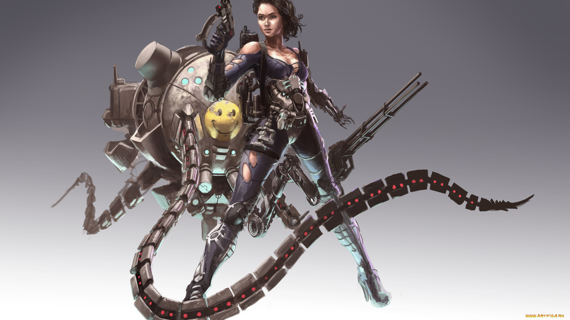 фэнтези, девушки, оружие, взгляд, униформа, робот, фон, девушка