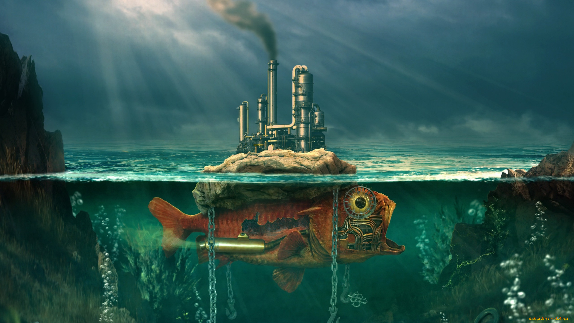 фэнтези, фотоарт, рыба, море, завод