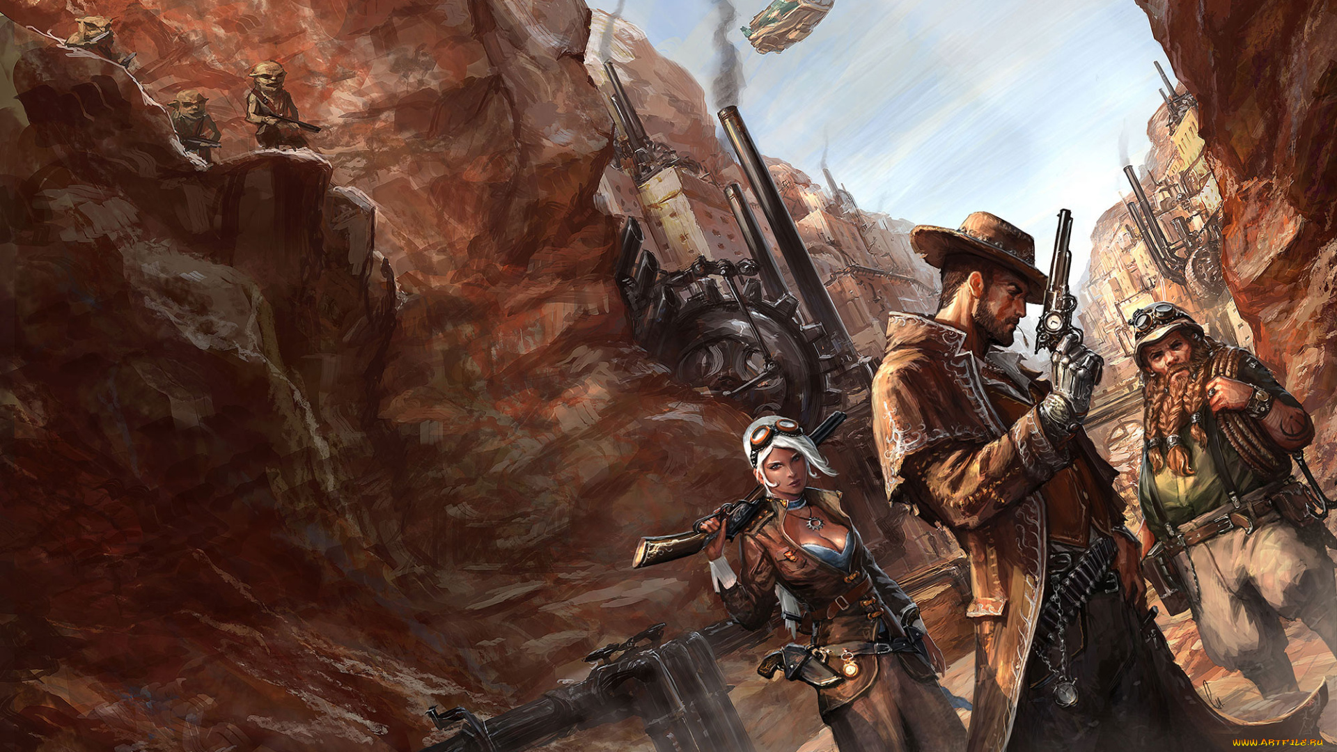 фэнтези, люди, ущелье, оружие, фон, взгляд, существа, мужчины, девушка