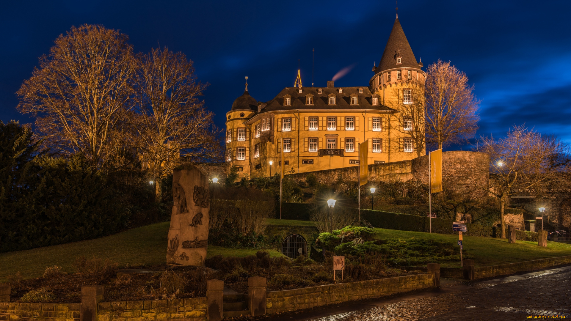 genoveva, castle, of, mayen, города, замки, германии, замок, огни, ночь
