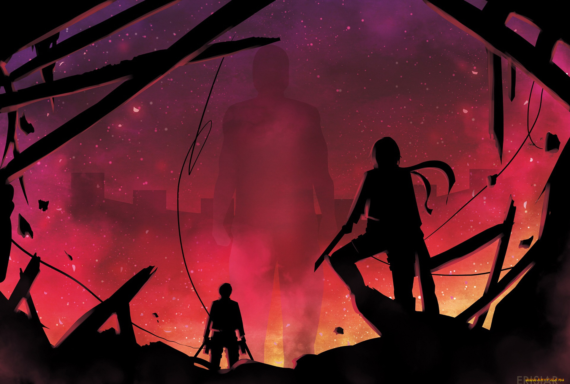 аниме, shingeki, no, kyojin, силуэты