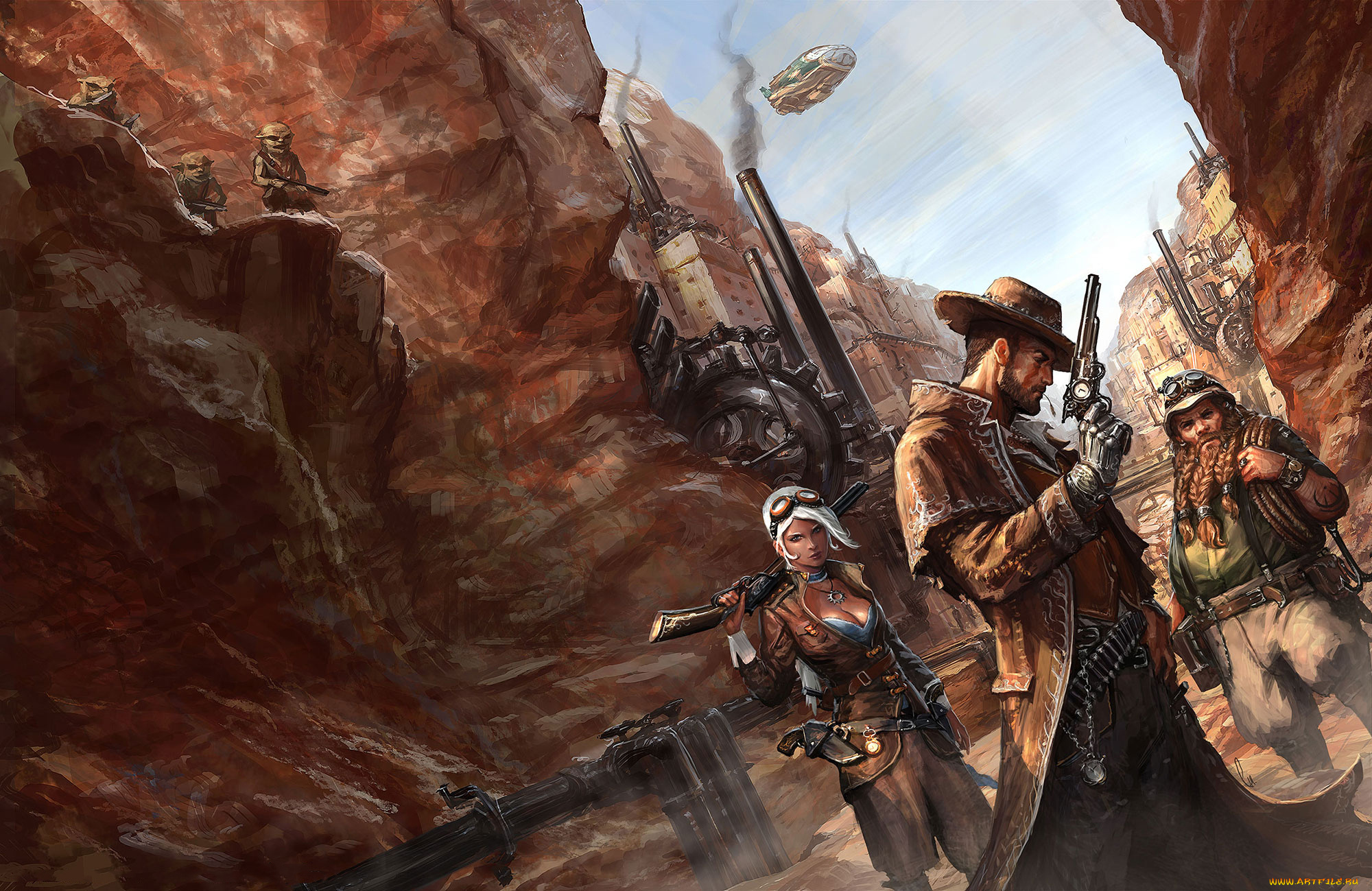 фэнтези, люди, ущелье, оружие, фон, взгляд, существа, мужчины, девушка