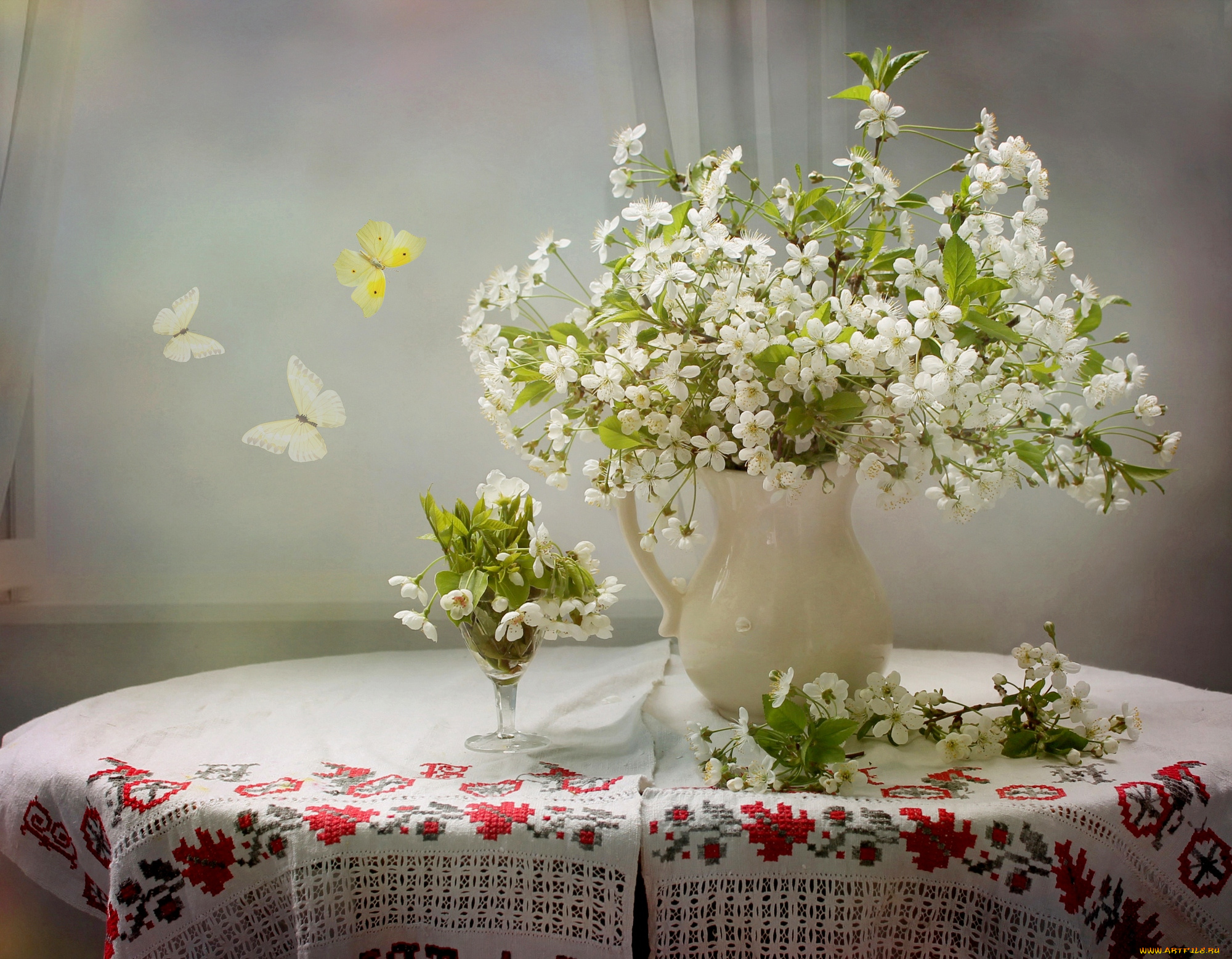 цветы, сакура, , вишня, вышивка, вишня, весна, натюрморт