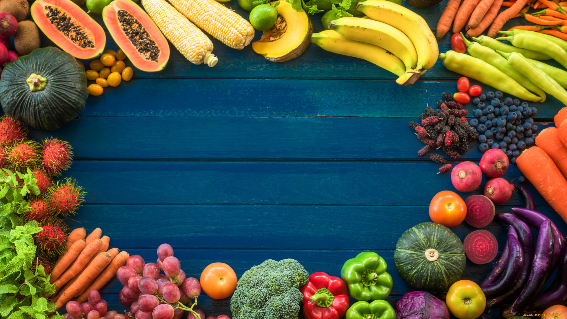 еда, фрукты, и, овощи, вместе, ассорти, фон, фрукты, овощи
