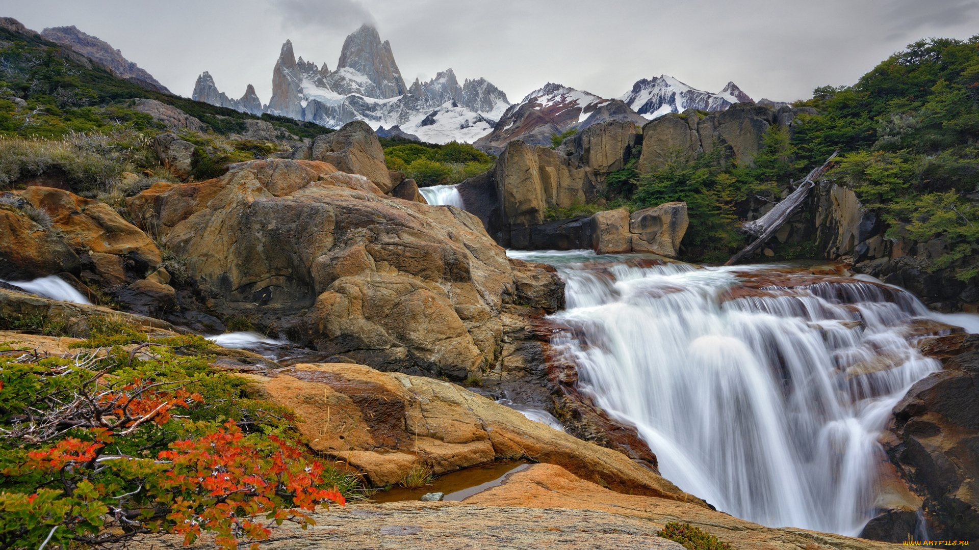 гора, фицрой, , патагония, природа, водопады, горы, скалы, деревья, водопад, потоки
