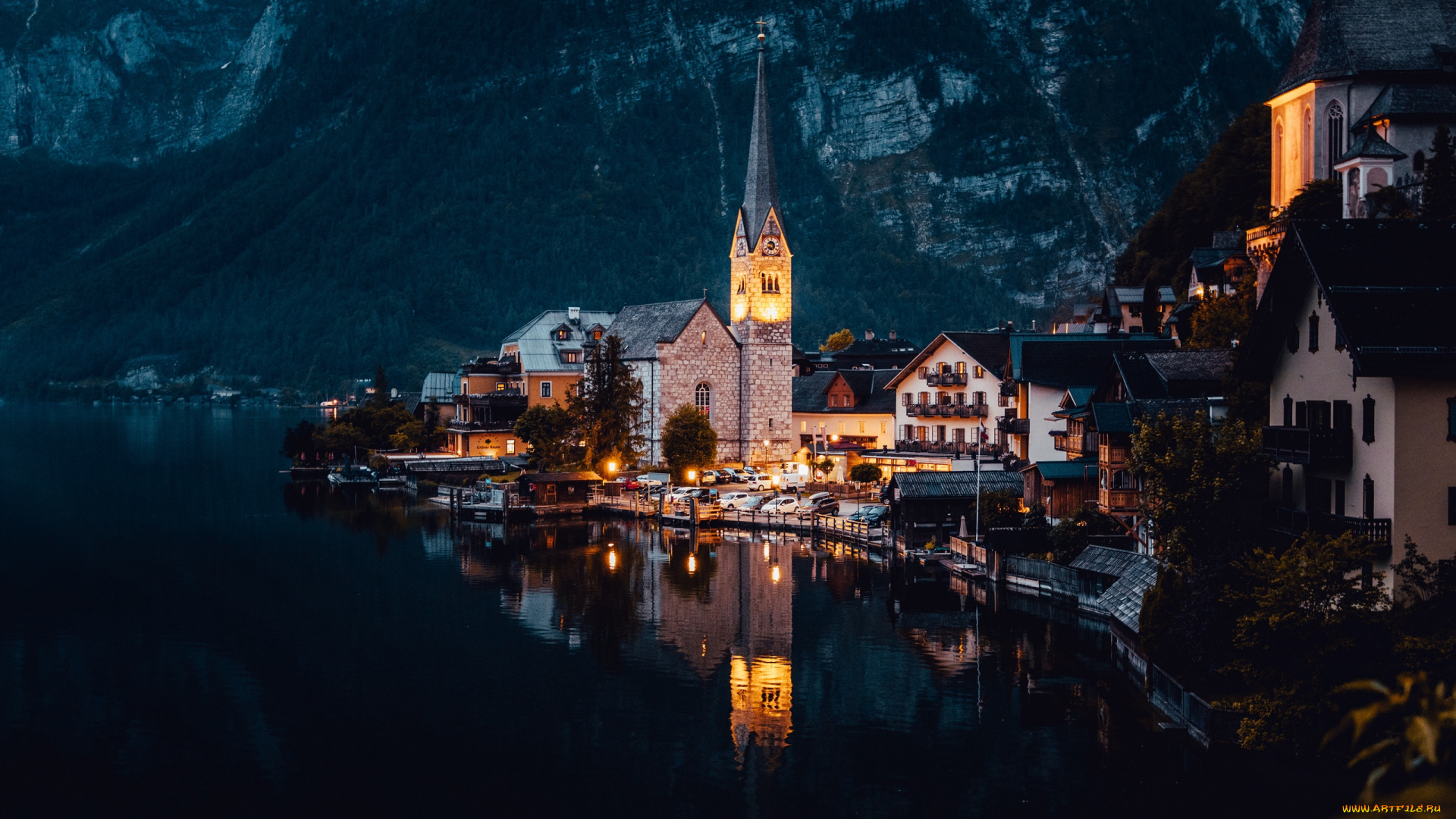 города, гальштат, , австрия, отражение, огни, ночь, озеро, горы