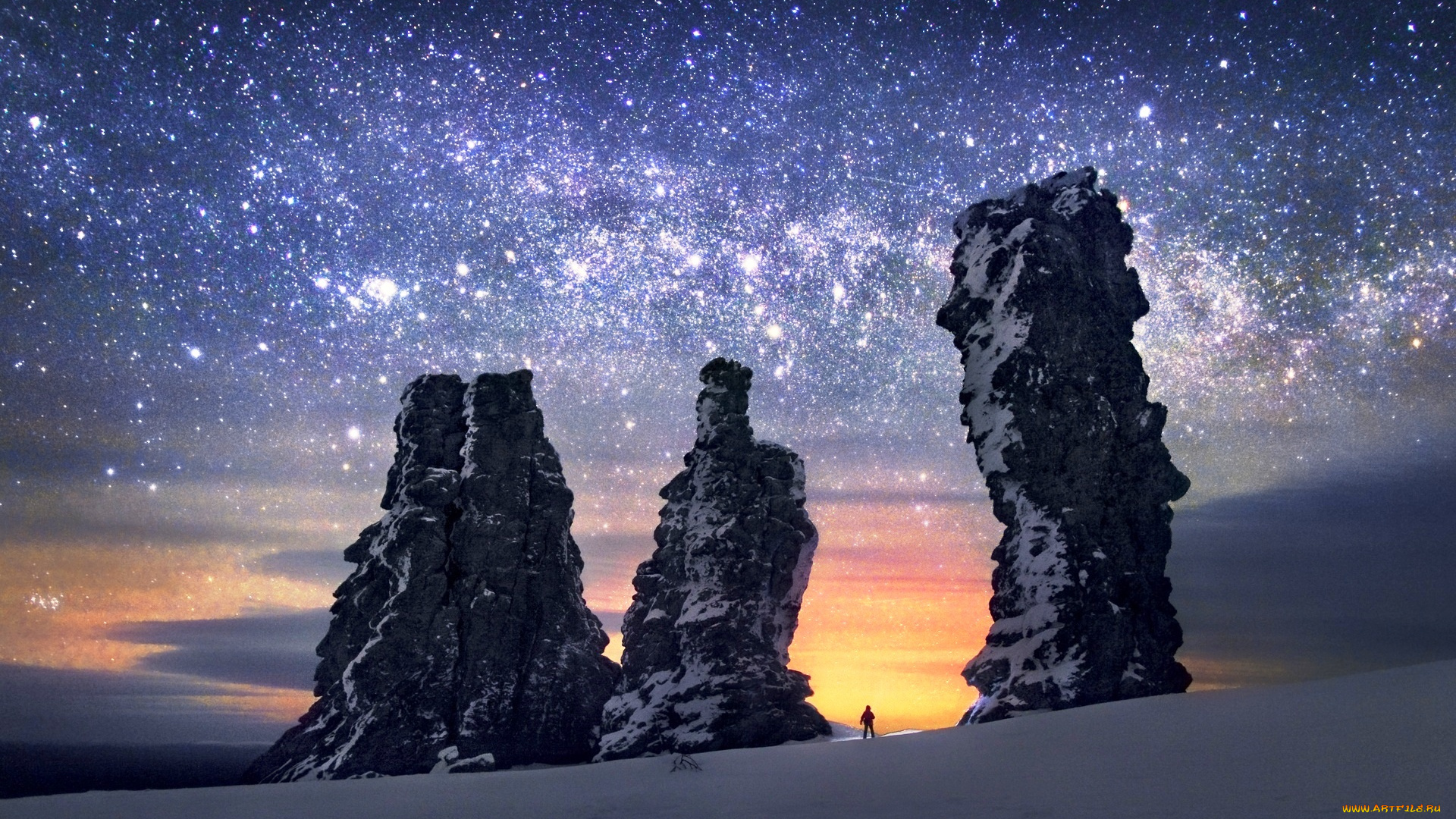 хребет, маньпупунёр, , республика, коми, природа, горы, человек, снег, скалы, звезды, небо