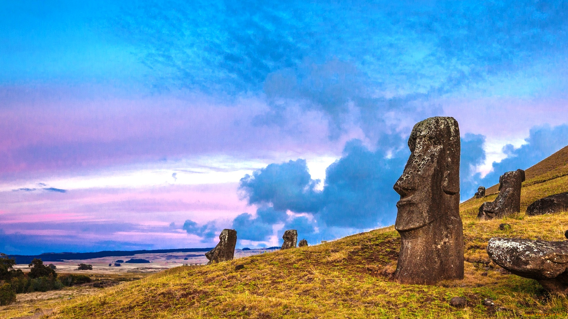 остров, пасхи, , чили, города, -, памятники, , скульптуры, , арт-объекты, небо, склон, облака, статуи